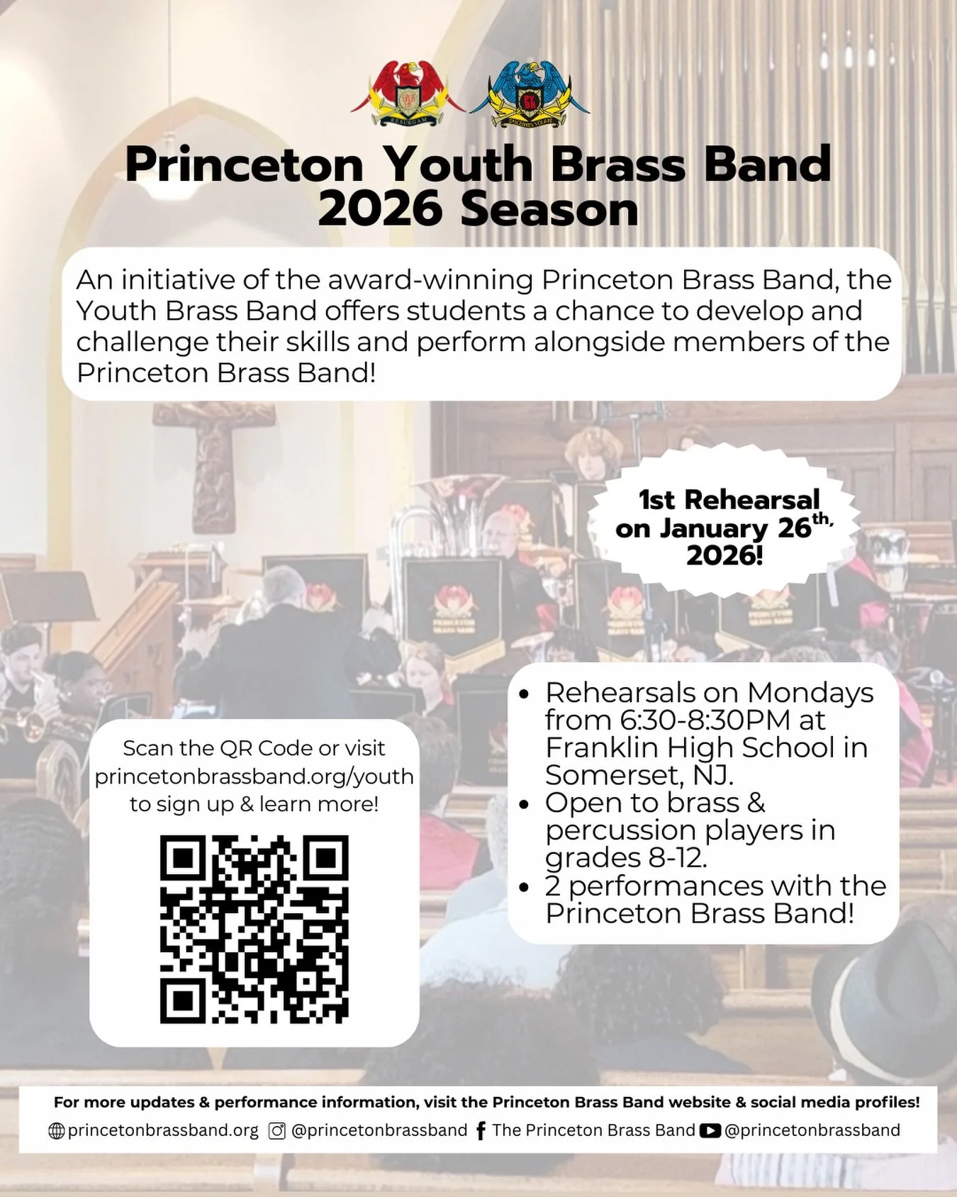 PYBB starts THIS month 🎉! 

🗓️ With a new year comes a new season of the Princeton Youth Brass Band, where brass and percussion students in grades 8-12 can have the chance to grow and challenge themselves while working with PYBB Director Max Morden