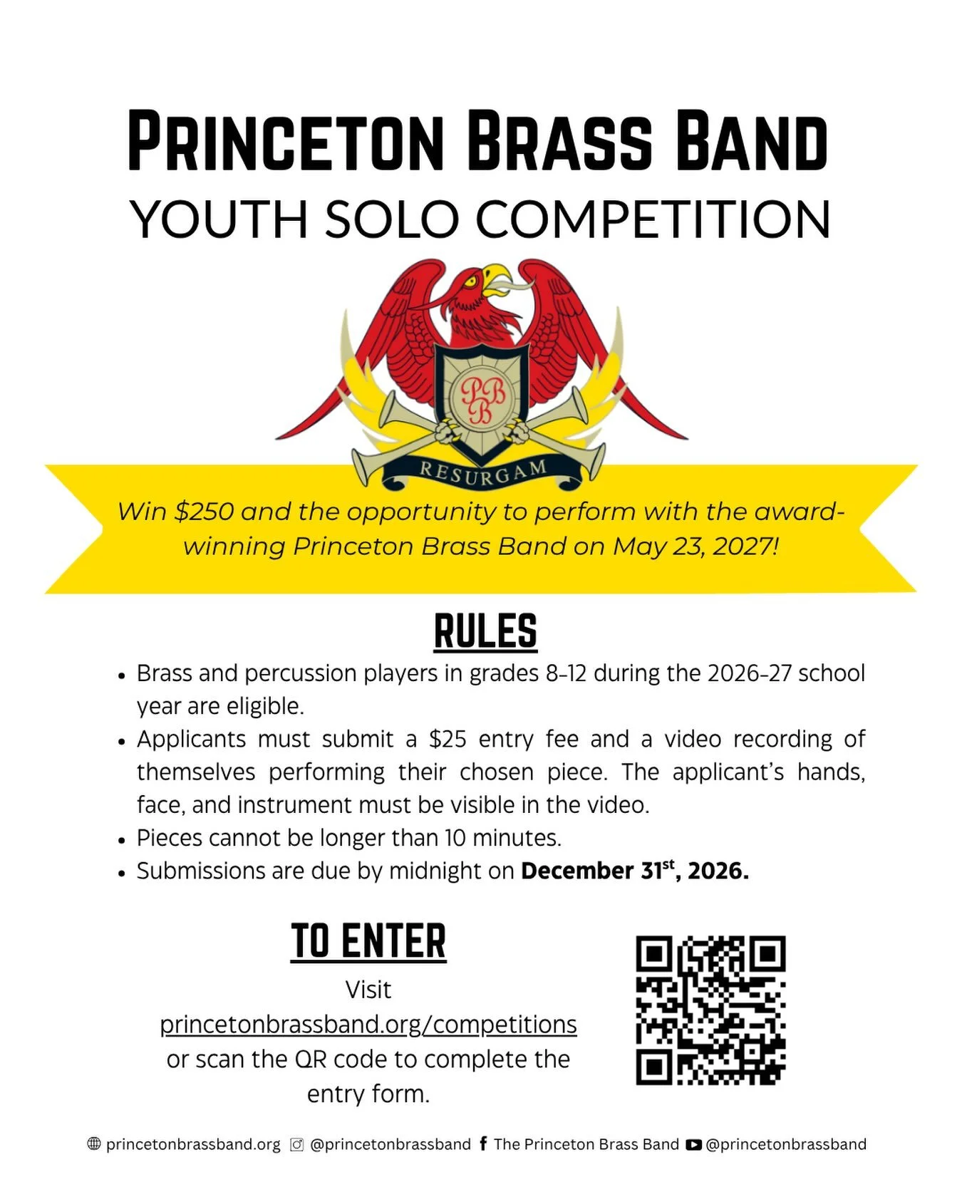 We want YOU to register for our youth solo competition!

Our Youth Solo Competition is open to brass and percussion players in grades 8-12. The winner will receive $250 and a chance to perform as a soloist with the Princeton Brass Band on Sunday, May