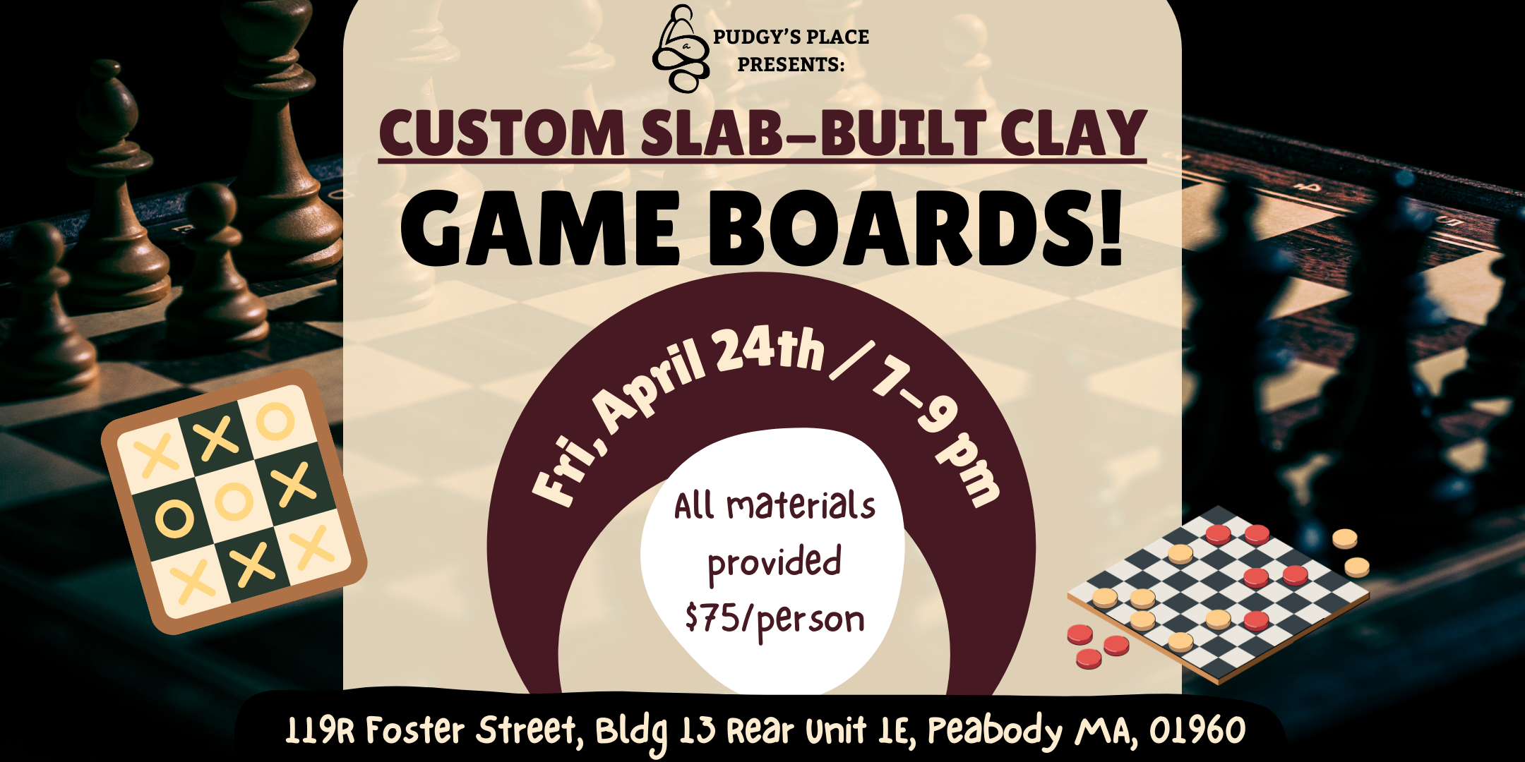 Custom Checkers, Chess, etc boards! (Slab-Building Clay) 4/24 from 7-9pm