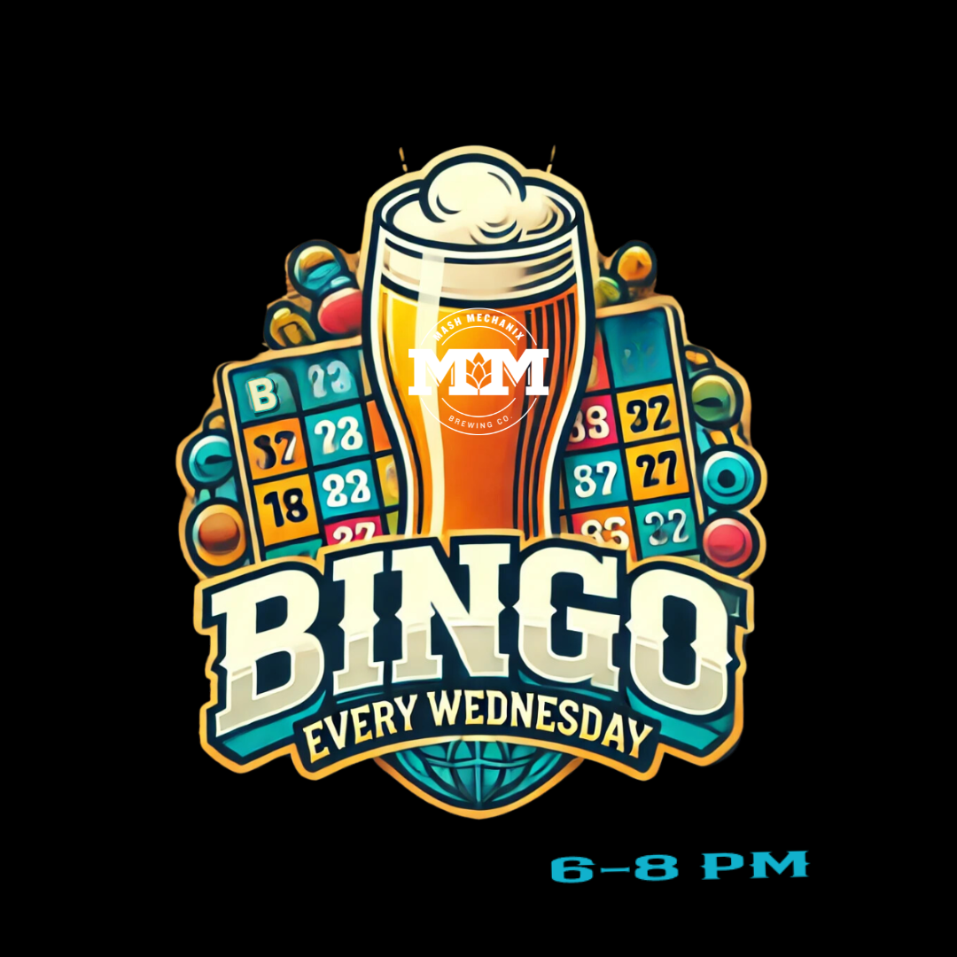 Colorful graphic of a pint of beer centered over bingo cards and numbers, with bold text reading “BINGO Every Wednesday” and “6–8 PM” on a black background.