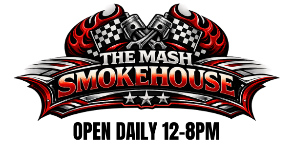 Logo for The Mash Smokehouse featuring crossed pistons and checkered racing flags with red flames, metallic wings, and three stars beneath bold red and chrome ‘Smokehouse’ lettering.