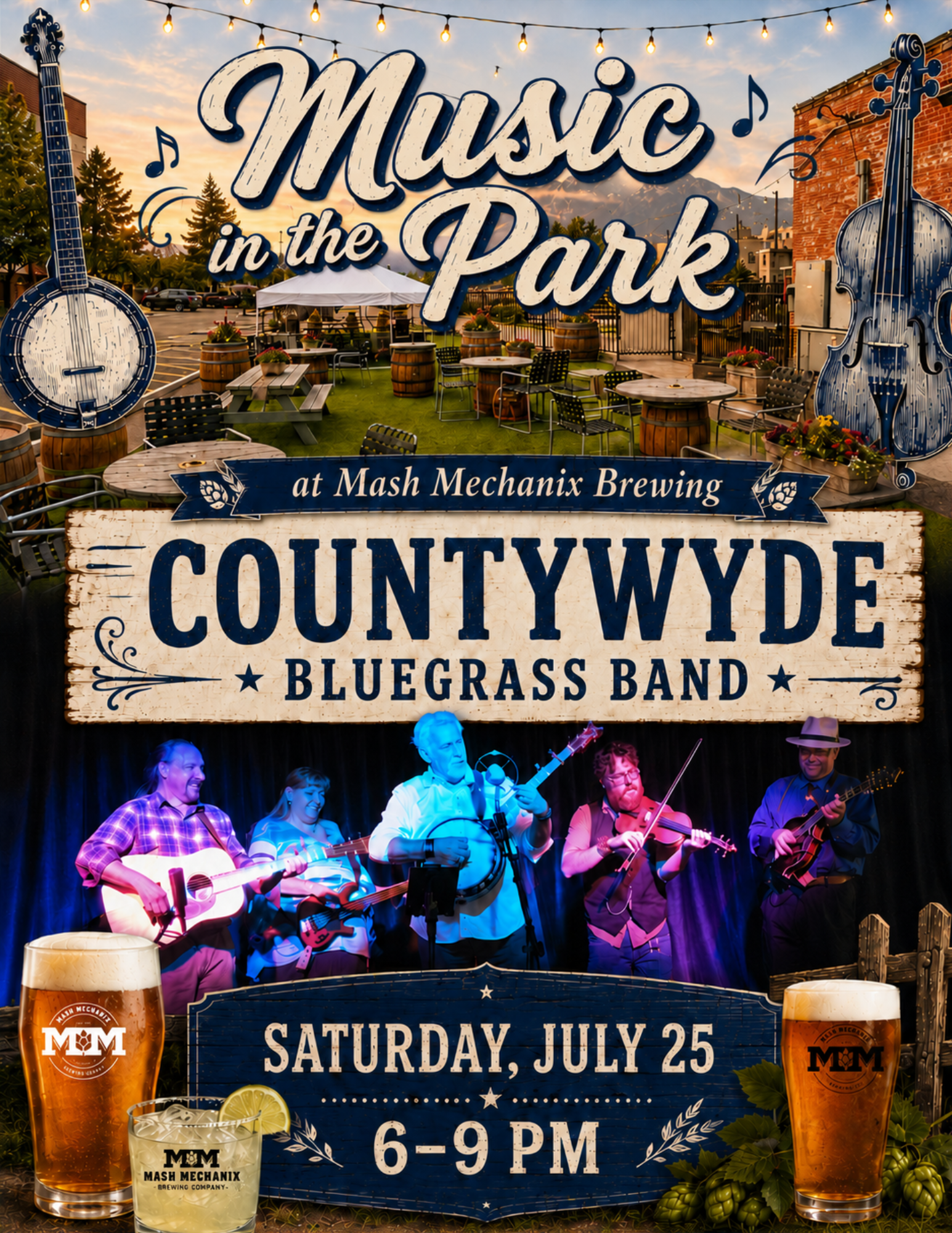 Music in the Park flyer for Countywyde Bluegrass Band at Mash Mechanix Brewing on Saturday, July 25 from 6–9 PM, featuring the band on stage, brewery patio, instruments, and beer.