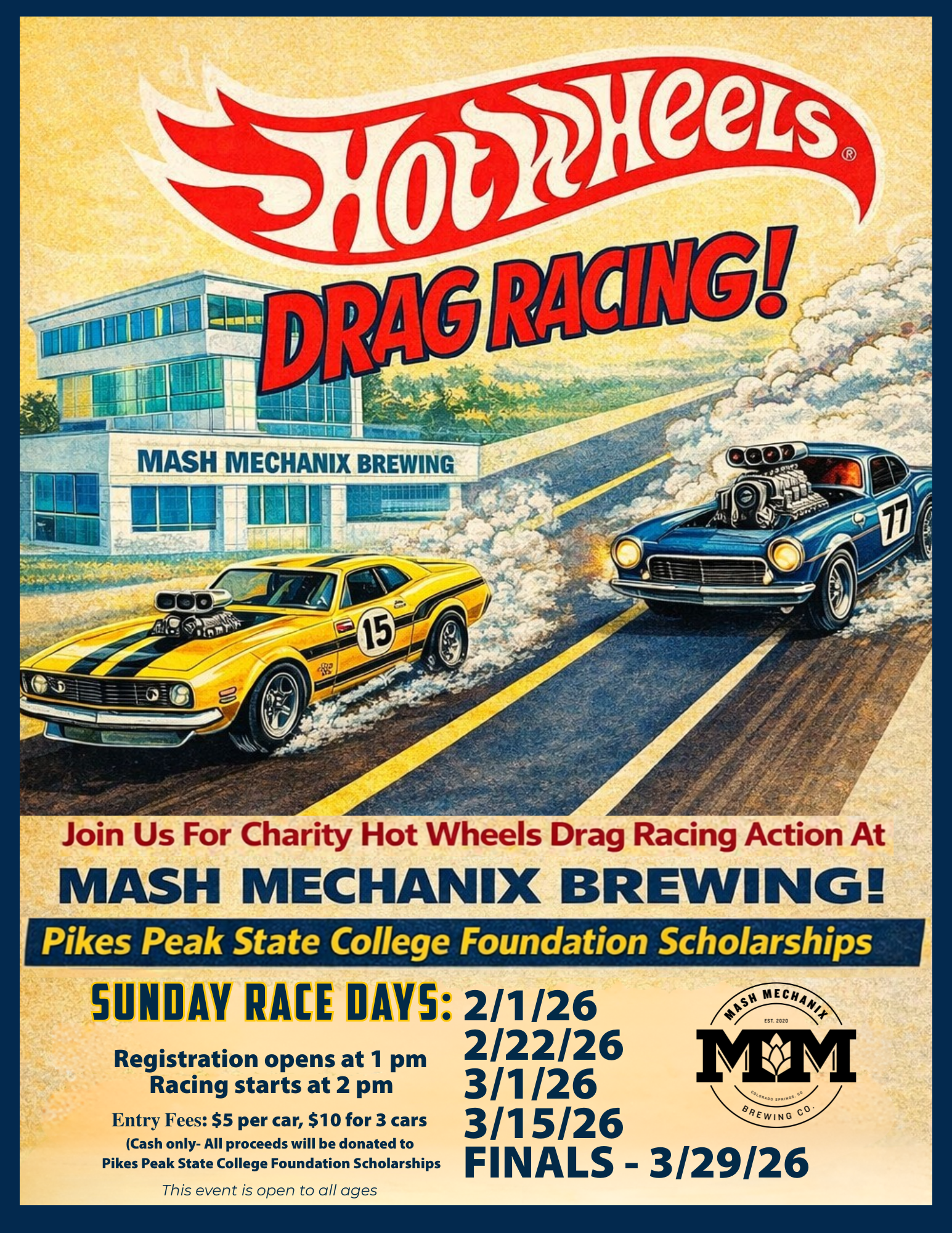 Vintage poster of Hot Wheels drag racing at Mash Mechanix Brewing, featuring two muscle cars racing for a charity scholarship event.