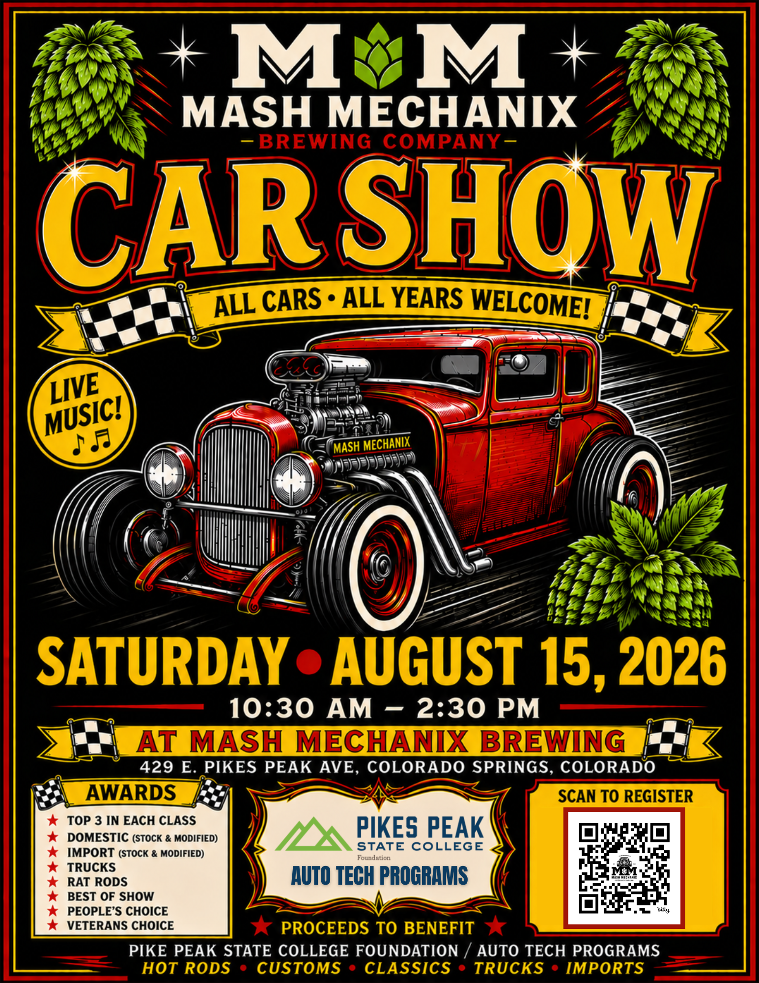 Summer Car Show flyer for Mash Mechanix Brewing on Saturday, August 15, 2026 from 10:30 AM–2:30 PM in Colorado Springs, featuring a red hot rod, live music, awards, and proceeds benefiting the Pikes Peak State College Foundation Auto Tech Programs