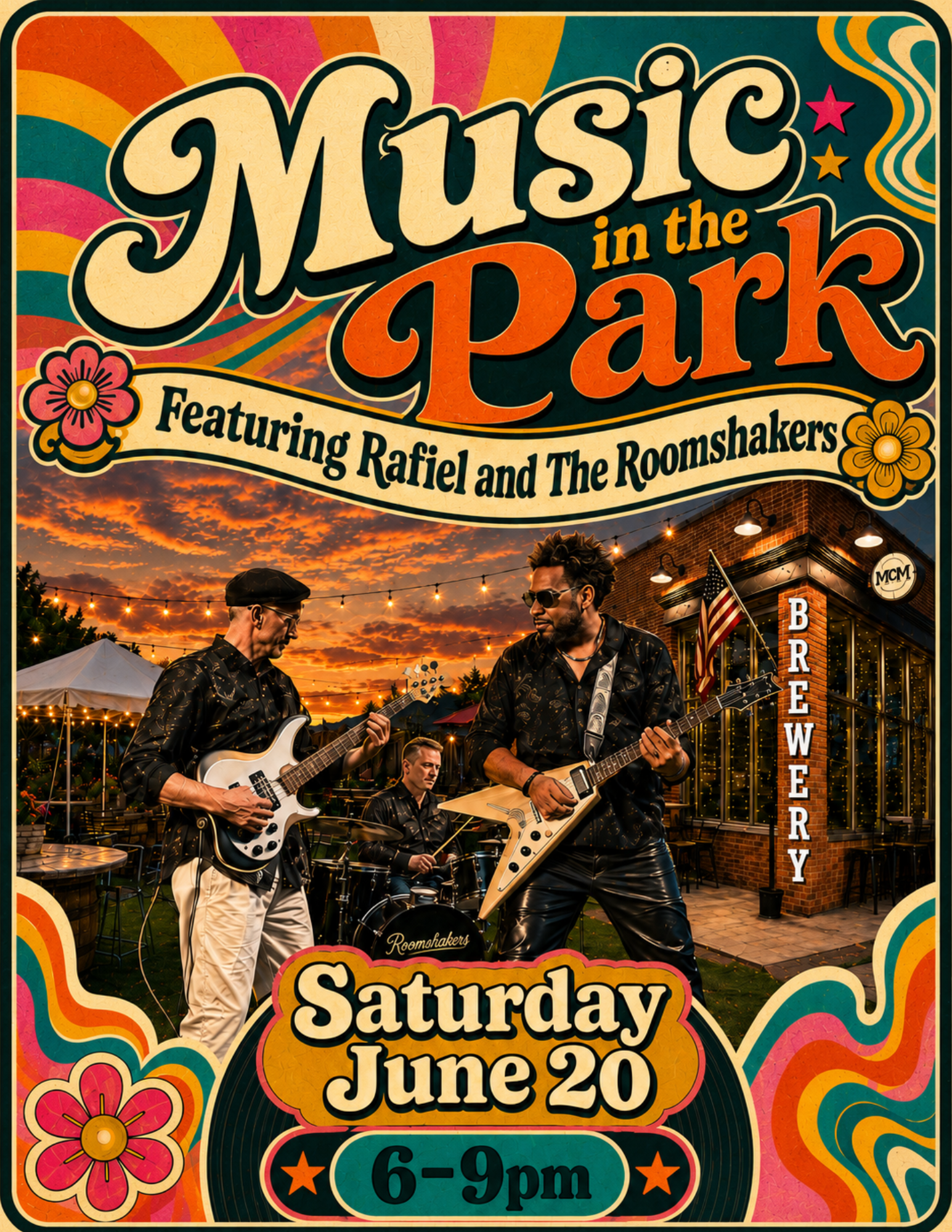 Music in the Park event flyer featuring Rafiel and The Roomshakers live at Mash Mechanix Brewery. Saturday, June 20, 6–9 PM. Retro 70s-style design with colorful swirls and flowers surrounding a photo of the band performing on the patio at sunset