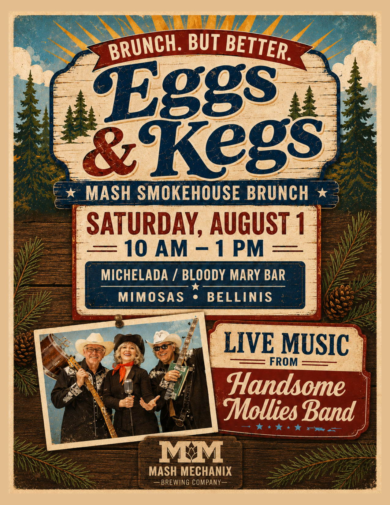 Vintage-style Eggs & Kegs event graphic for Saturday, August 1, featuring Mash Smokehouse brunch from 10 AM–1 PM and live music from Handsome Mollys from 11 AM–2 PM at Mash Mechanix Brewing.