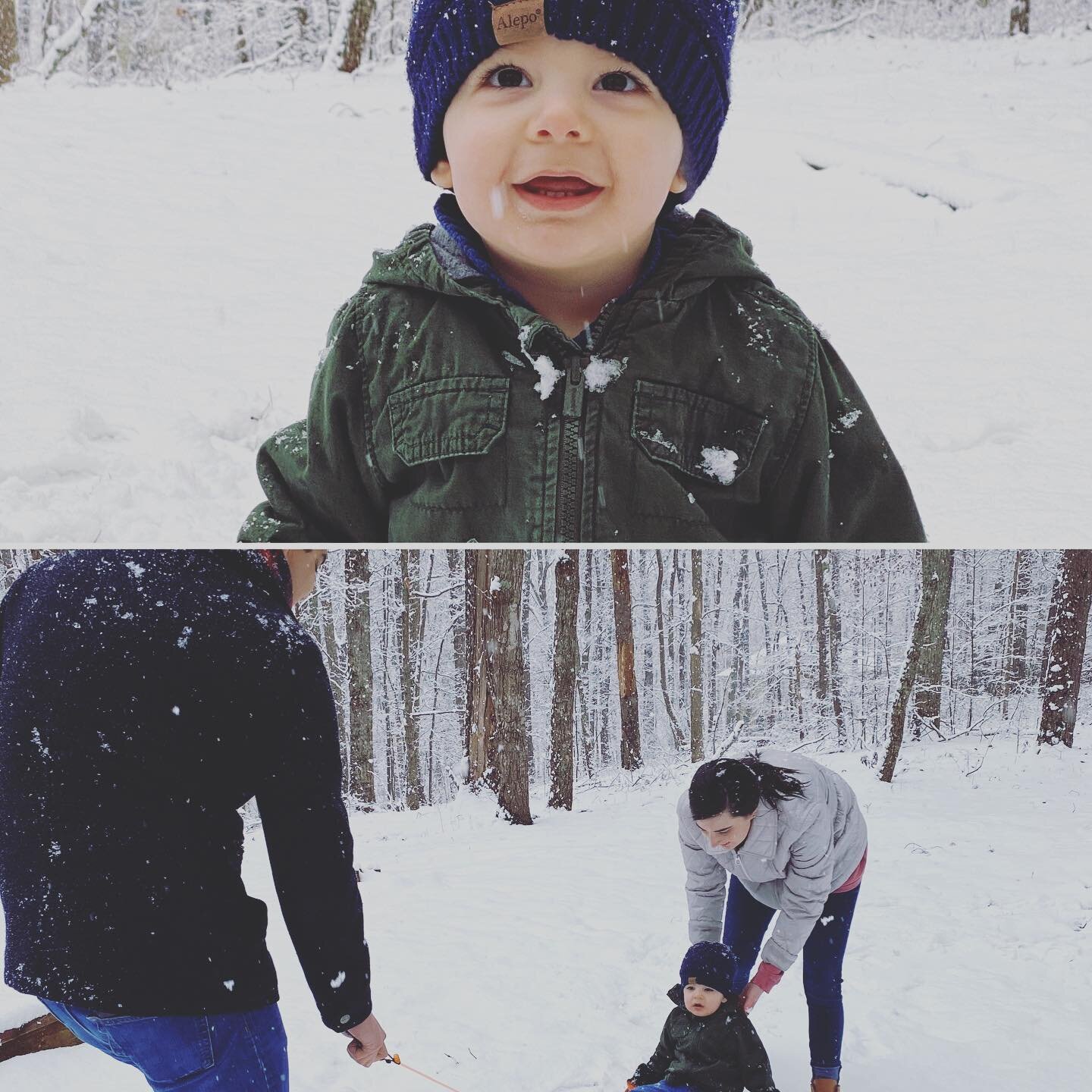 Little man&rsquo;s first snow! He was in awe, but it&rsquo;s safe to say that he wasn&rsquo;t the biggest fan...yet! #AdventuresWithAiden #ThunderThighs #StinkyStud