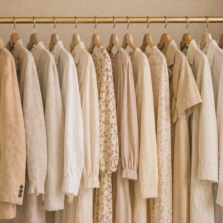 A row of beige, cream, and white clothing on wooden hangers hanging on a gold-colored clothing rack.