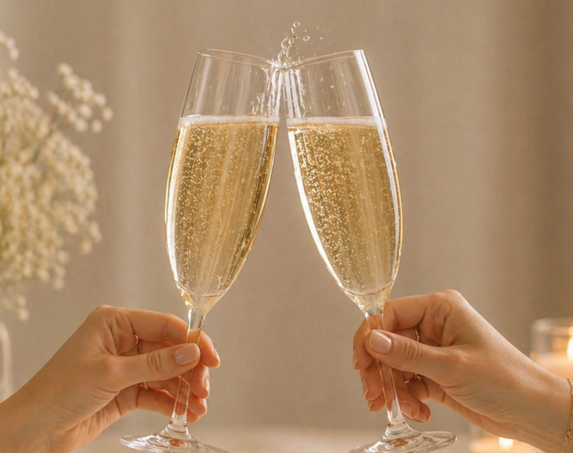 Two people clinking champagne glasses filled with bubbly champagne.