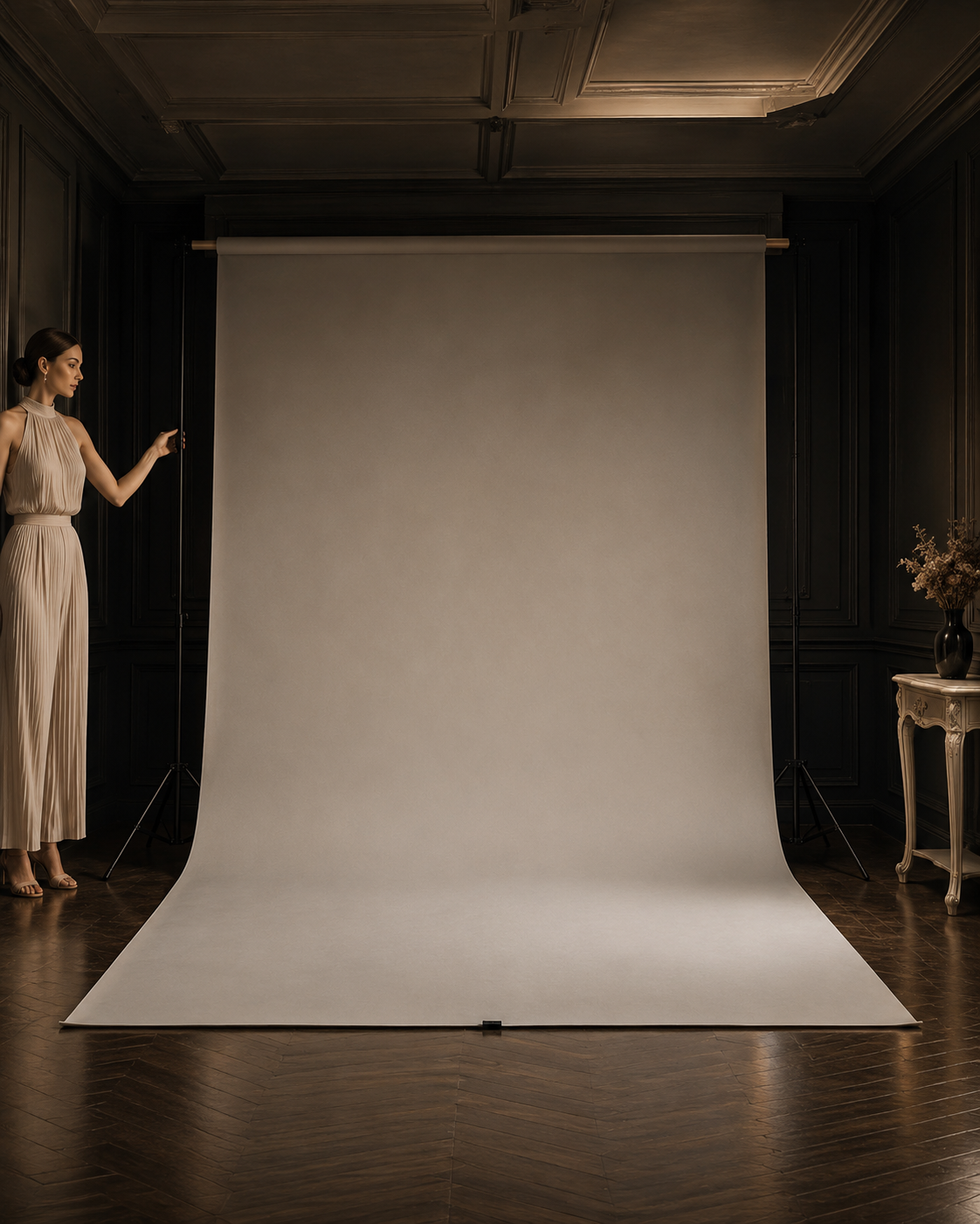 A woman in a beige pleated dress standing next to a large white backdrop in a dark room with wood-paneled walls and a wooden floor, with a small table holding a vase with dried flowers on the right.