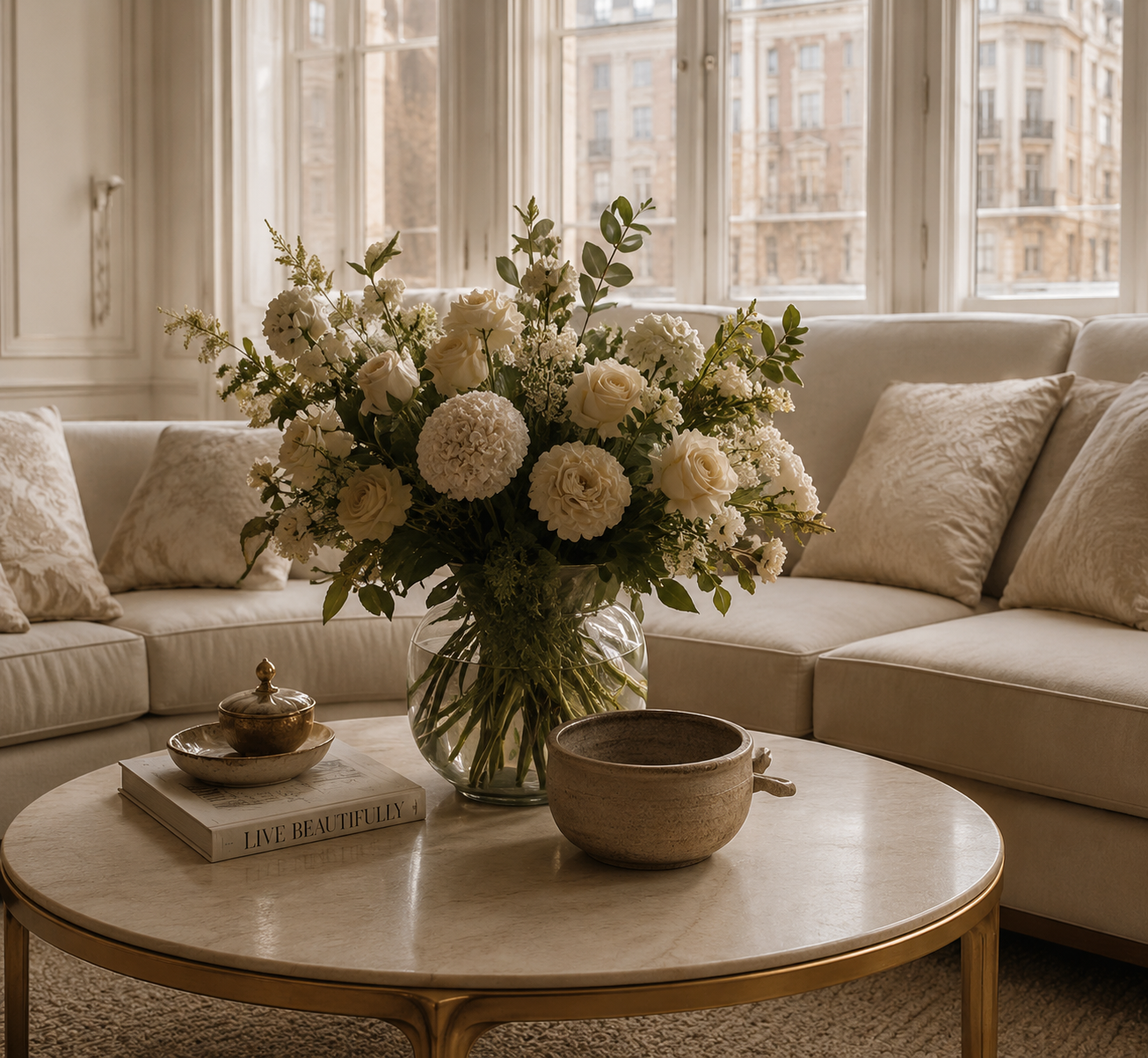 A living room with a round beige coffee table holding a large glass jar of white flowers, a small decorative bowl, and a large ceramic bowl. The background features a cream-colored sofa with matching pillows and large windows showing city buildings.