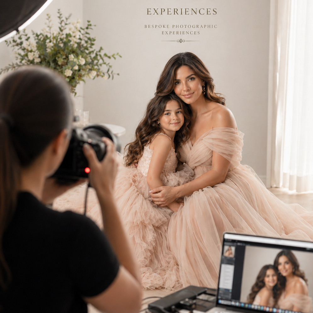 Photographer taking a picture of a woman and a girl sitting together in front of a white backdrop with the words "Experiences" and "Bespoke Photographic Experiences" on it. The woman and girl are dressed in blush-colored dresses, both smiling, with a flower arrangement in the background.