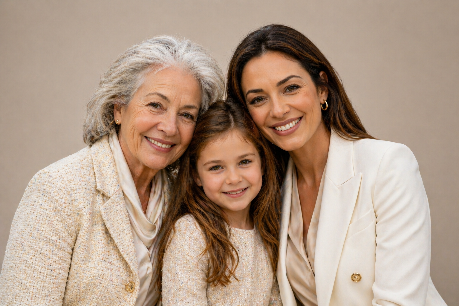 Three females, a young girl, middle-aged woman, and elderly woman, smiling and posing together against a neutral background.