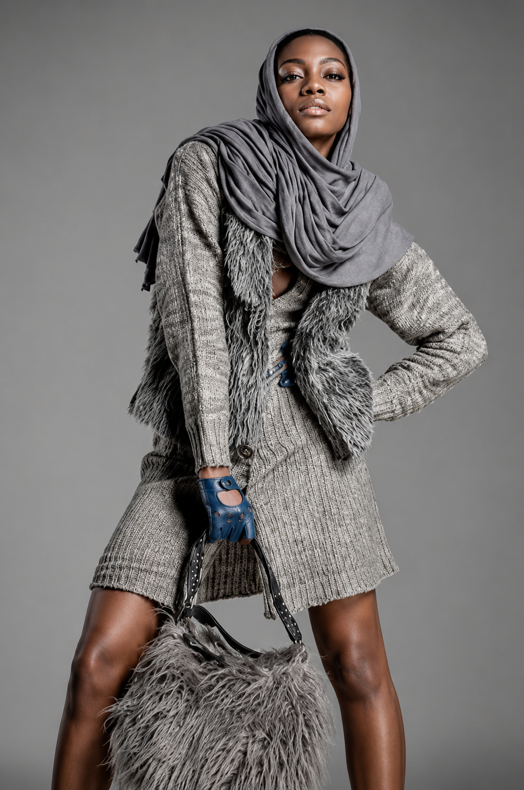 A woman in a gray scarf, textured sweater, fur vest, and gray skirt holding a furry gray handbag poses against a plain gray background.