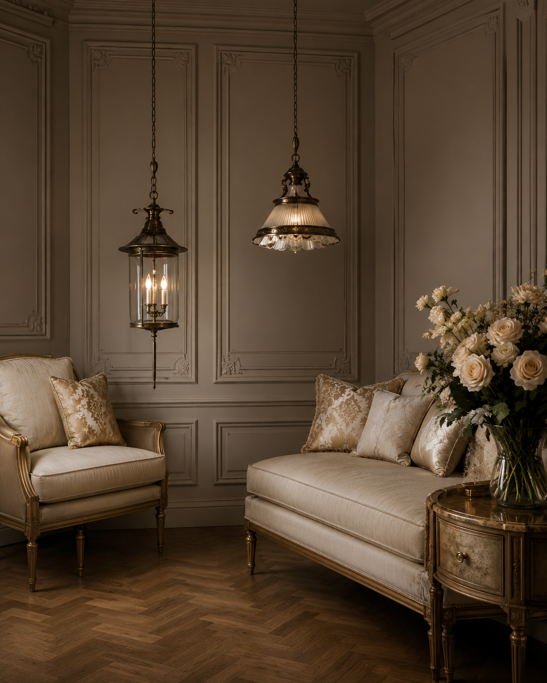 Elegant living room corner with beige sofas, floral pillows, a side table with white roses, vintage wall sconces, and decorative wall panels.