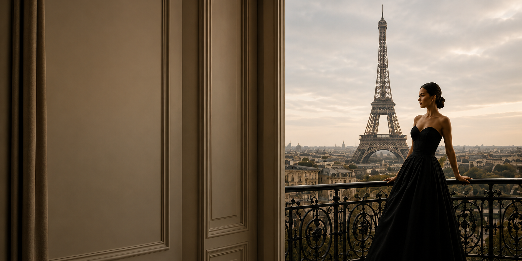A woman in a strapless black gown standing on a balcony overlooking the Eiffel Tower in Paris during sunset.