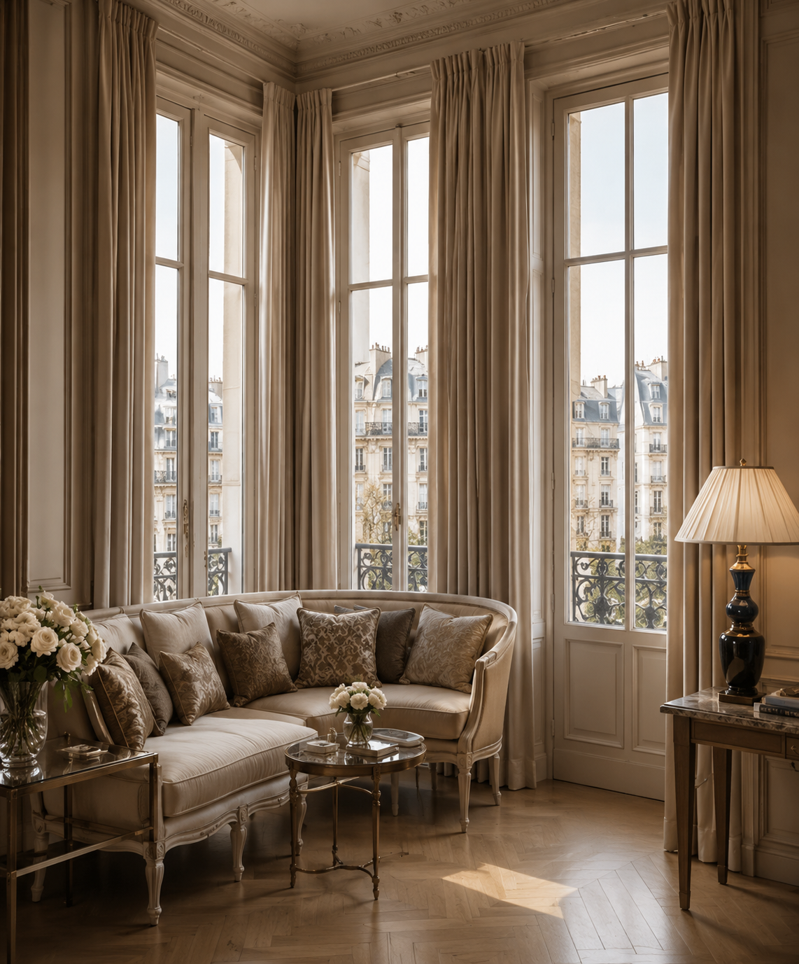 Elegant living room with large windows, beige drapes, a cream sofa with patterned cushions, a glass-top coffee table with flowers, and a wooden side table with a black lamp. Parisian buildings are visible outside.