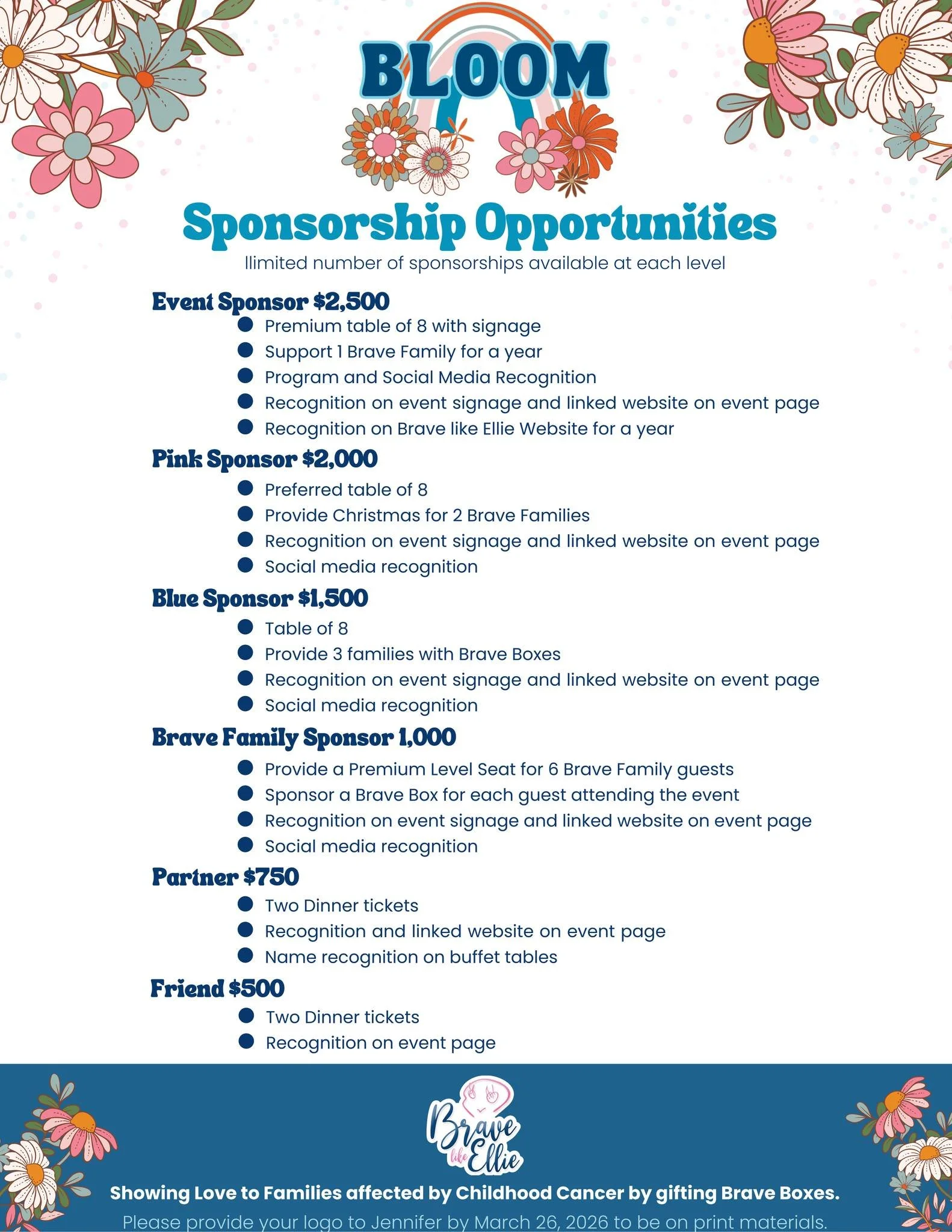 🌸 BLOOM Dinner Sponsorship Opportunity 🌸

Want to make an impact while gaining meaningful visibility for your business or family? Become a sponsor of our upcoming BLOOM Dinner and help us bring hope to families facing childhood cancer. 💛

Sponsors