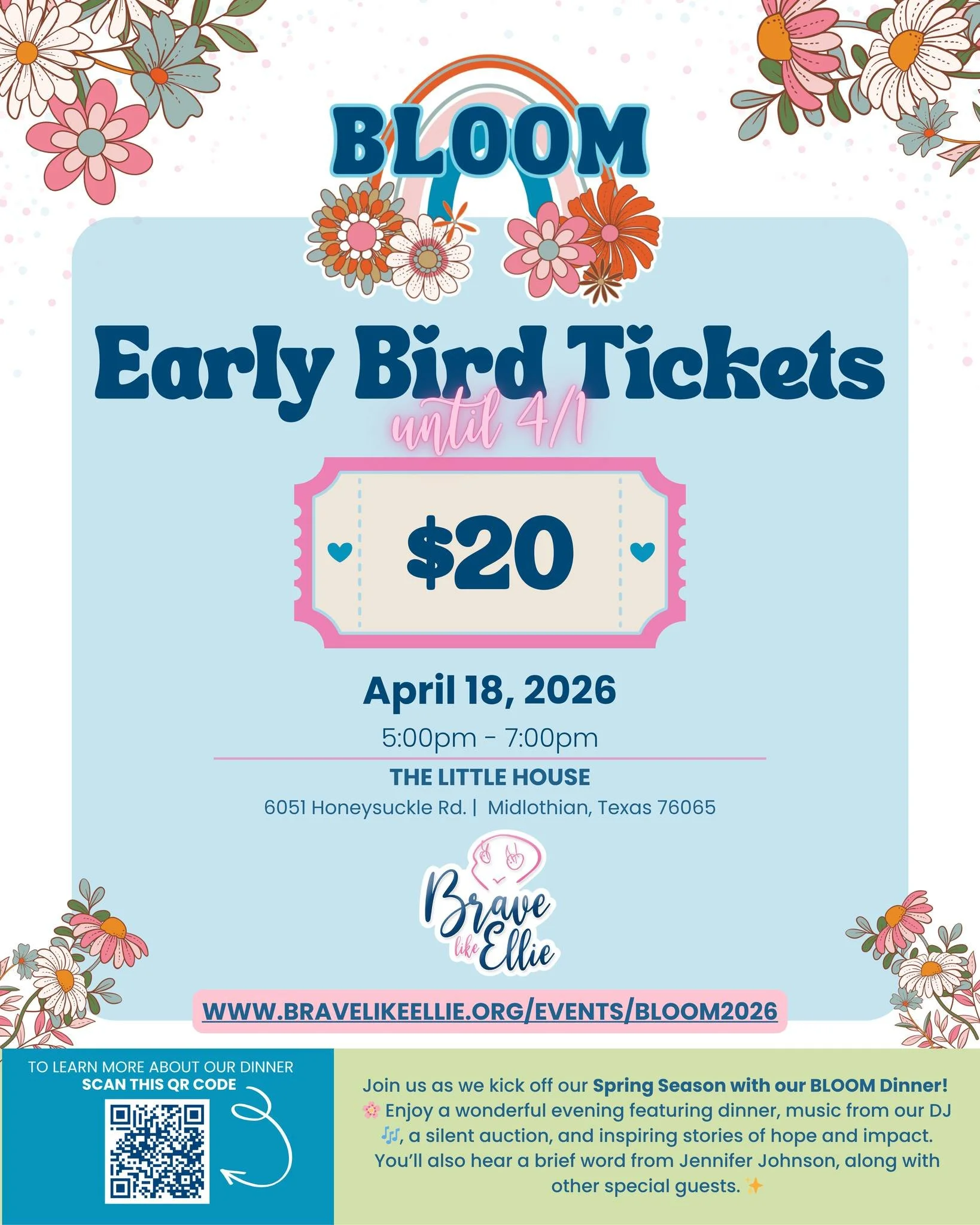 🌸 Early Bird Tickets Are Here! 🌸

For a limited time, grab your BLOOM Dinner Early Bird Ticket for just $20 🎟️

✨ Available through April 1st or until tickets are gone! ✨

These tickets are limited, and once they&rsquo;re gone, they&rsquo;re gone&
