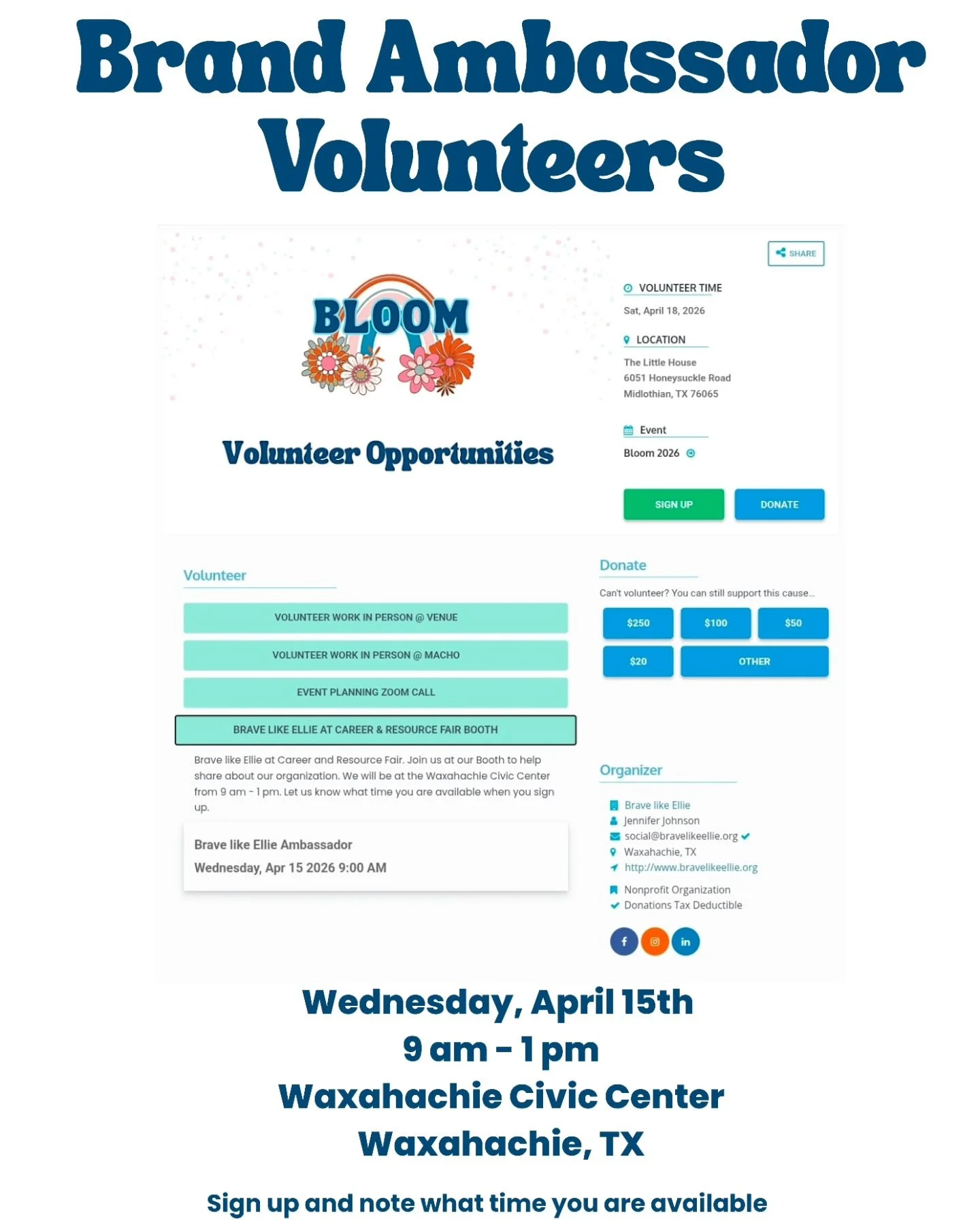 We&rsquo;d love for you to join us as a Brand Ambassador at the upcoming Career &amp; Resource Fair! 💛

This is a special opportunity to represent Brave Like Ellie, connect with the community, and share our mission with others who may want to get in