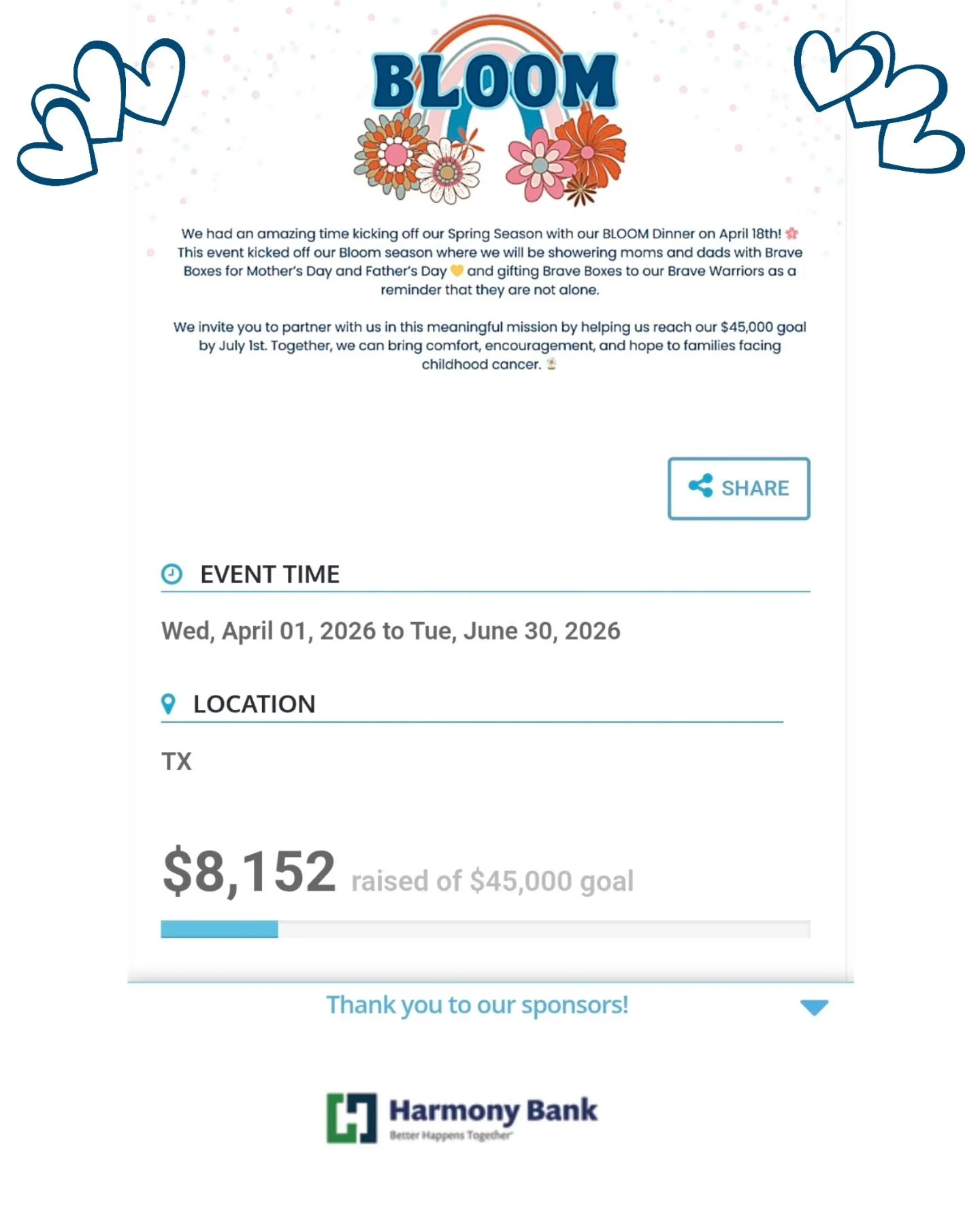 YAHOOO! 🎉

Thanks to a generous $500 donation, we have officially reached $8,152 raised! 💙

Let's keep it going!!! 
https://www.bravelikeellie.org/events/bloom2026

This support helps us fill and ship Father&rsquo;s Day Brave Boxes for Brave Dads w