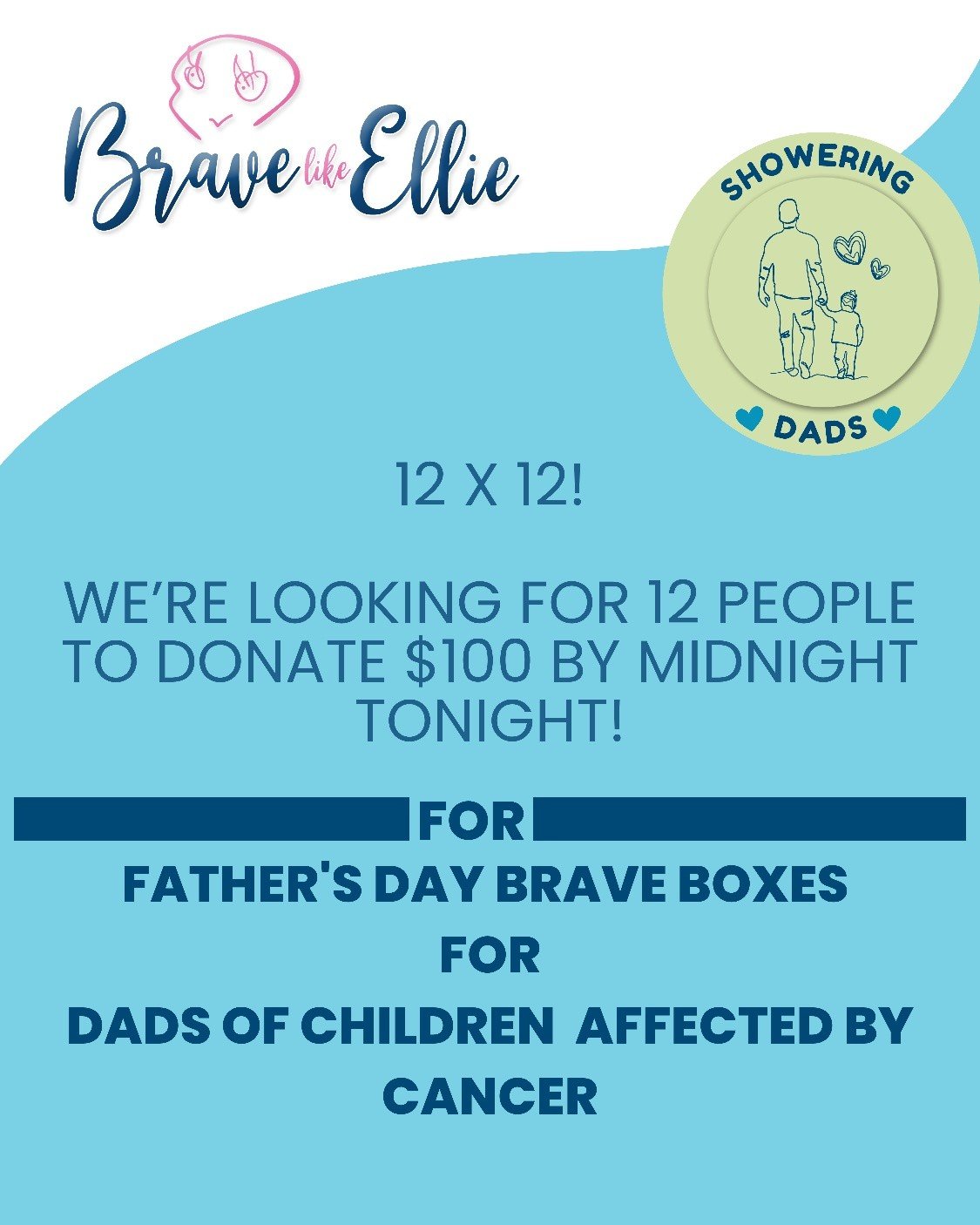 We are just 3 days away from building Father's Day Brave Boxes! 💙

In only 2 days, 37 dads of Brave Warriors have already expressed interest in receiving a Brave Box this Father's Day.

Today, we're launching a 12 x 12 Challenge: we're looking for 1