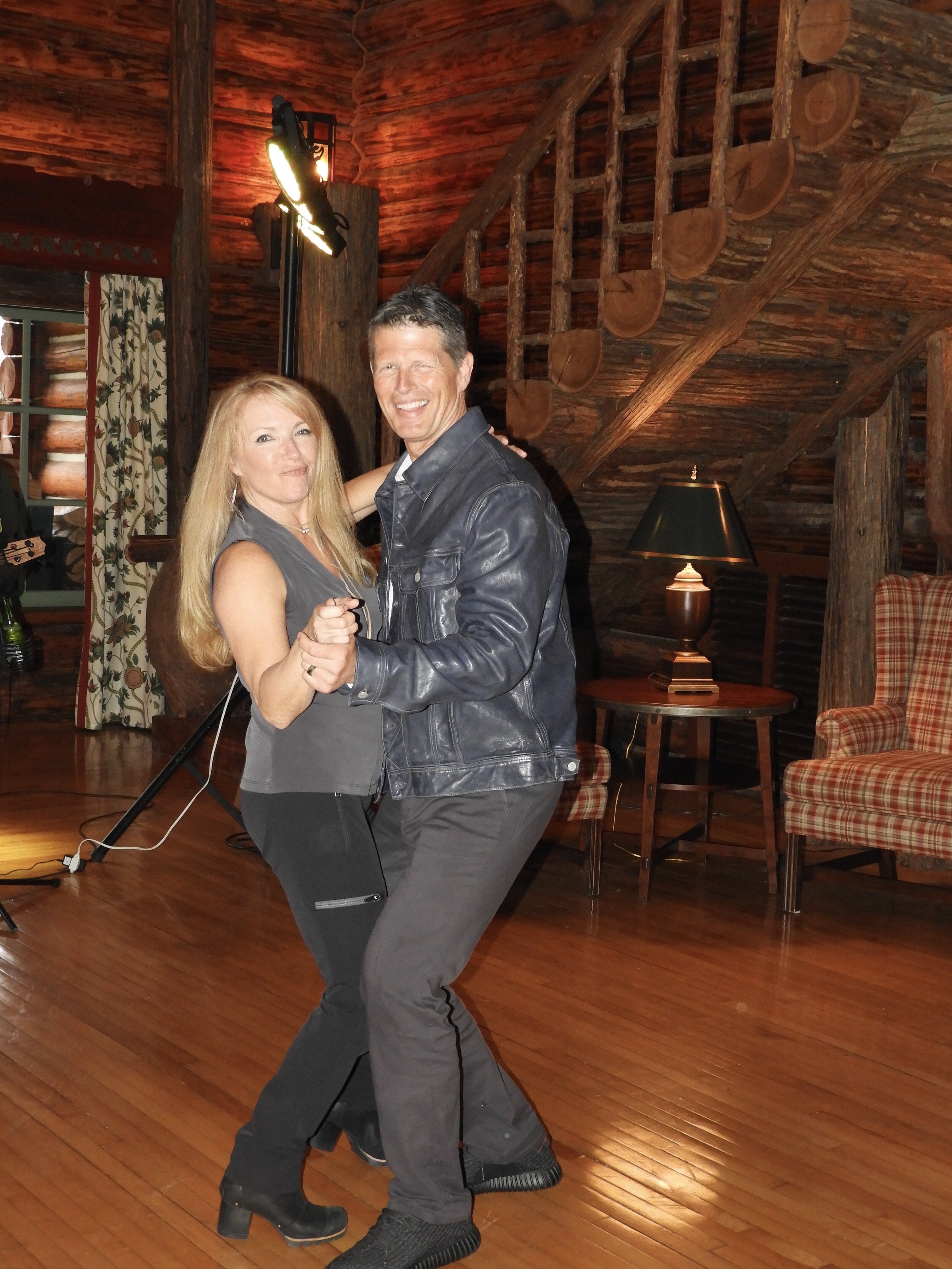  Laura and husband Paul dancing in the Lodge at an Easter party, April 2019 