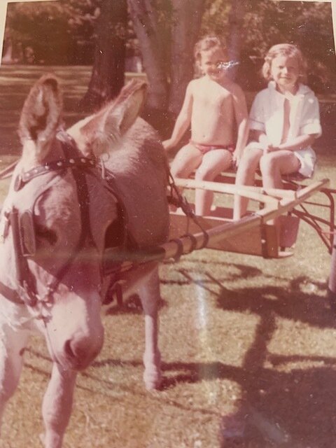 My sister Tess &amp; I being pulled by our pet donkey. The carriage is now on the front porch of the Lodge