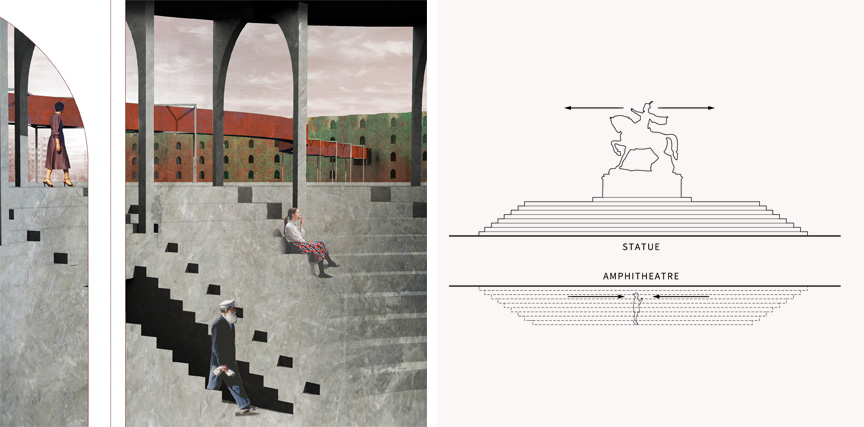 Arriving at the stage - accidental spectacle (left) inversion of form - from a raised pedestal to a sunken amphitheatre (right)