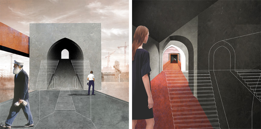 Readings of the gate from the two different paths: the avenue (left), the raised pathway (right)
