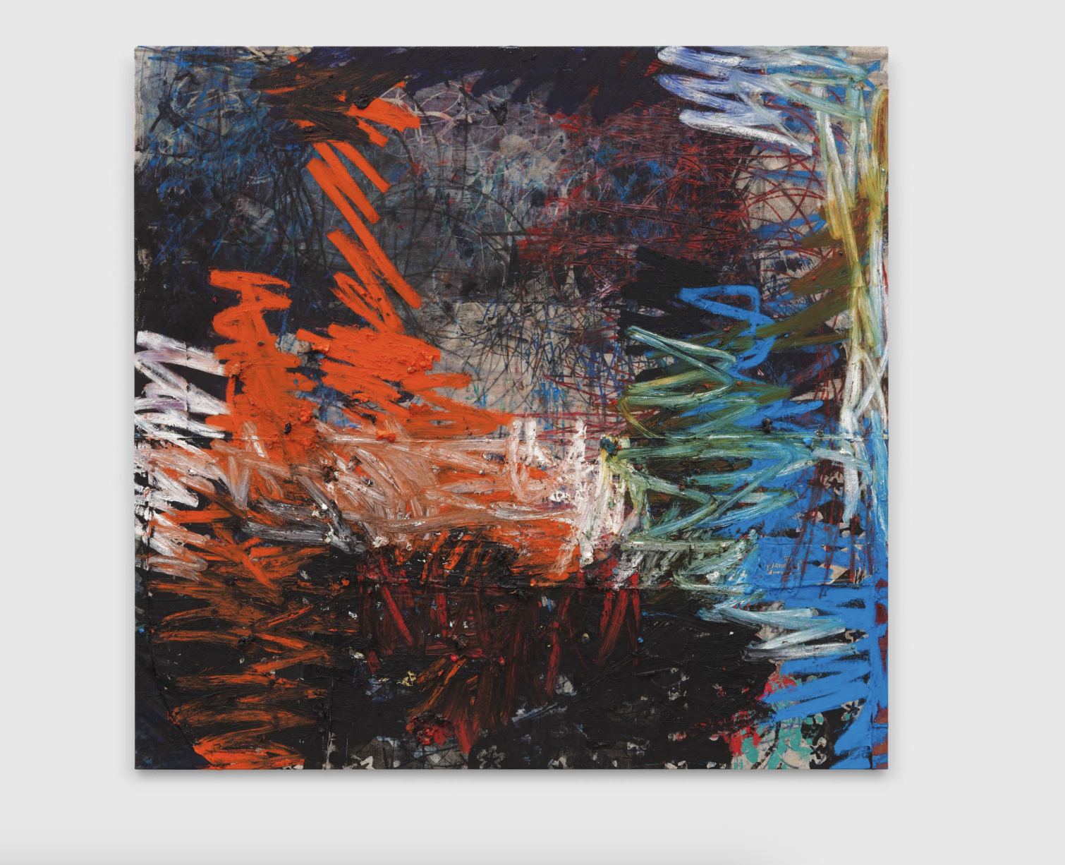 Manifestation, 2023-2024, oil, oil stick, spray paint, dirt, and graphite on canvas and linen,  240 x 250 cm