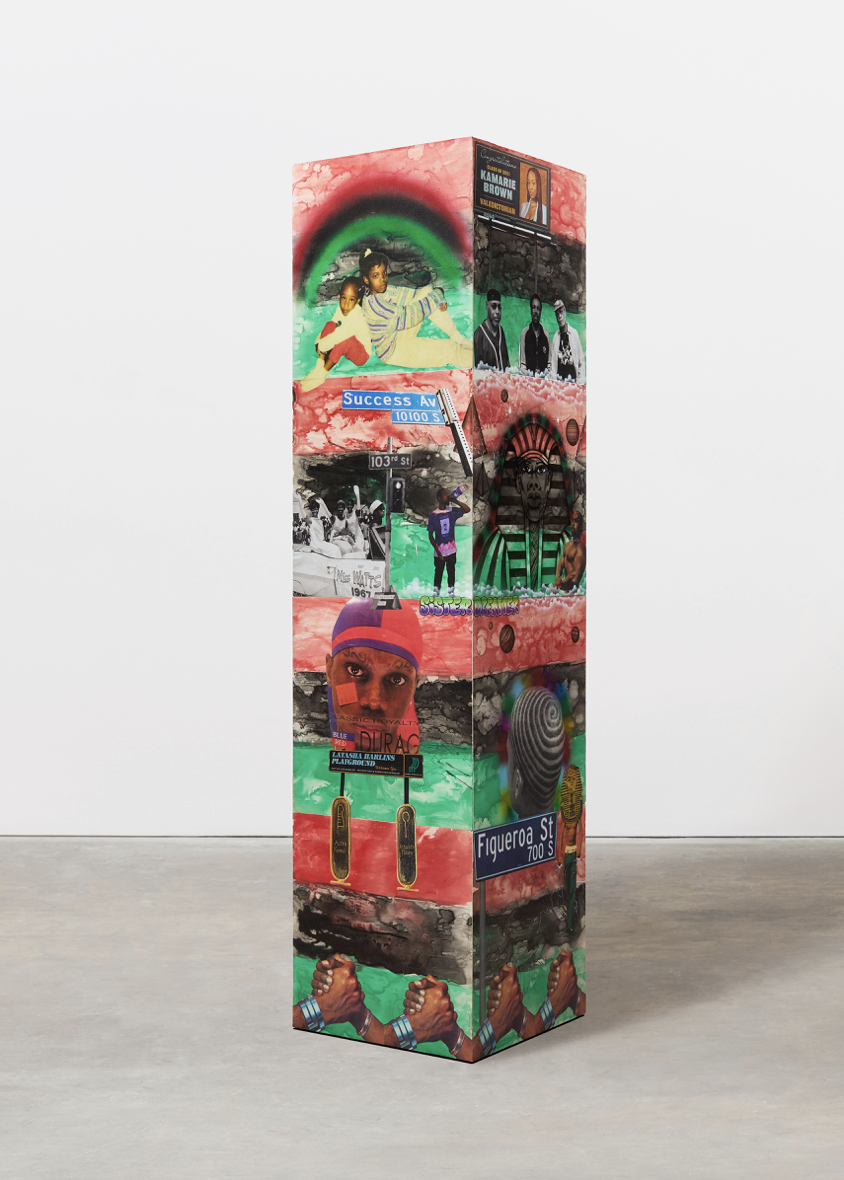 Untitled, 2024 Watercolor ink, acrylic, auto paint, collage, and gypsum on wood and steel, 243.8 × 61 × 61 cm)