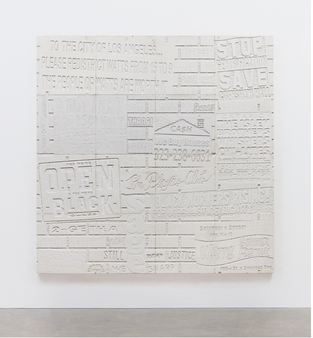 Untitled, 2023 Gypsum and acrylic on wood with hand carving, 242.6 × 242.6 cm