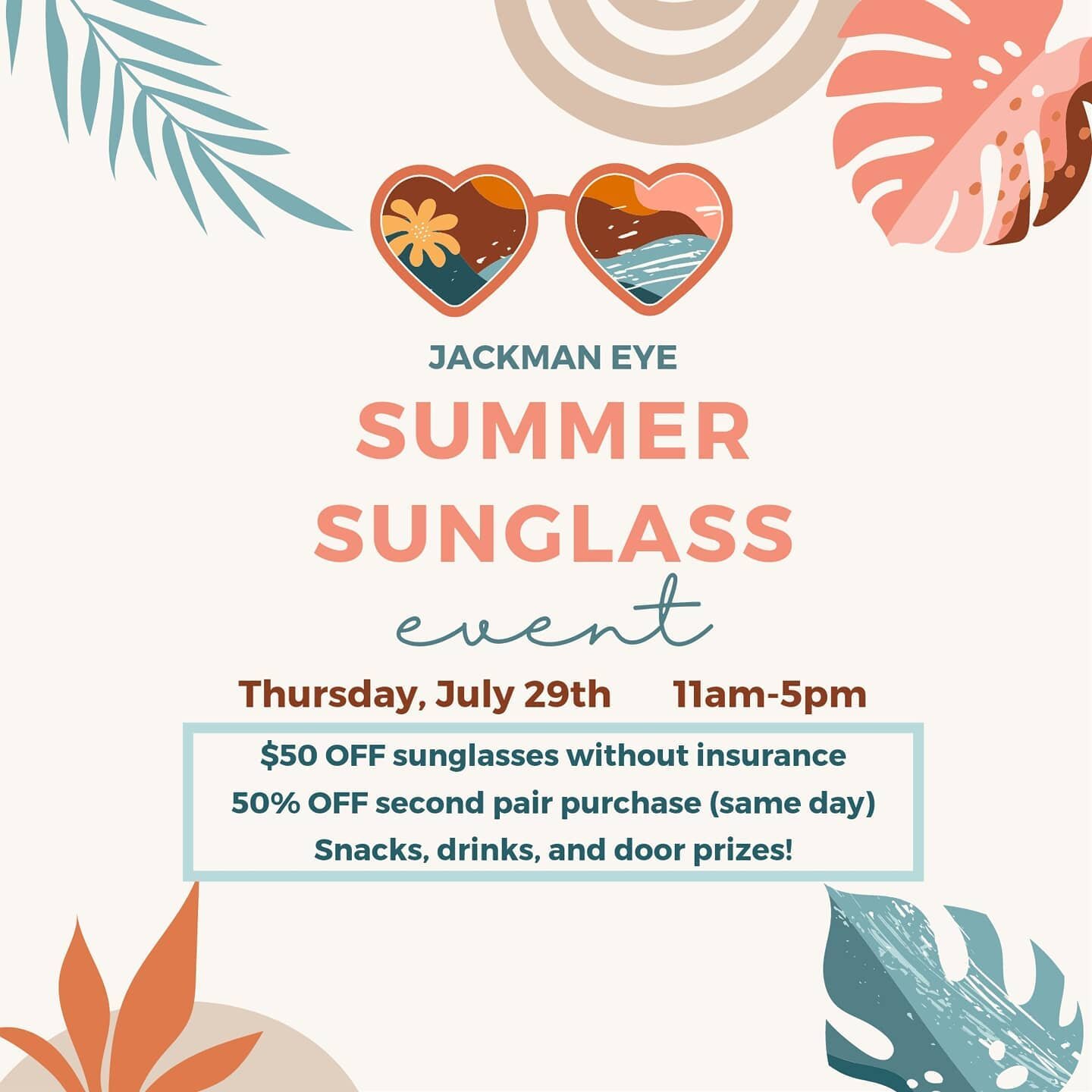 3 weeks from today!! We will be partying tiki-style with latest sunglasses of the season! 

For ONE DAY ONLY:
$50 OFF any sunglasses frame (without insurance) and 50% off any second pair of glasses purchased that same day!! 

Come sip on a tropical d