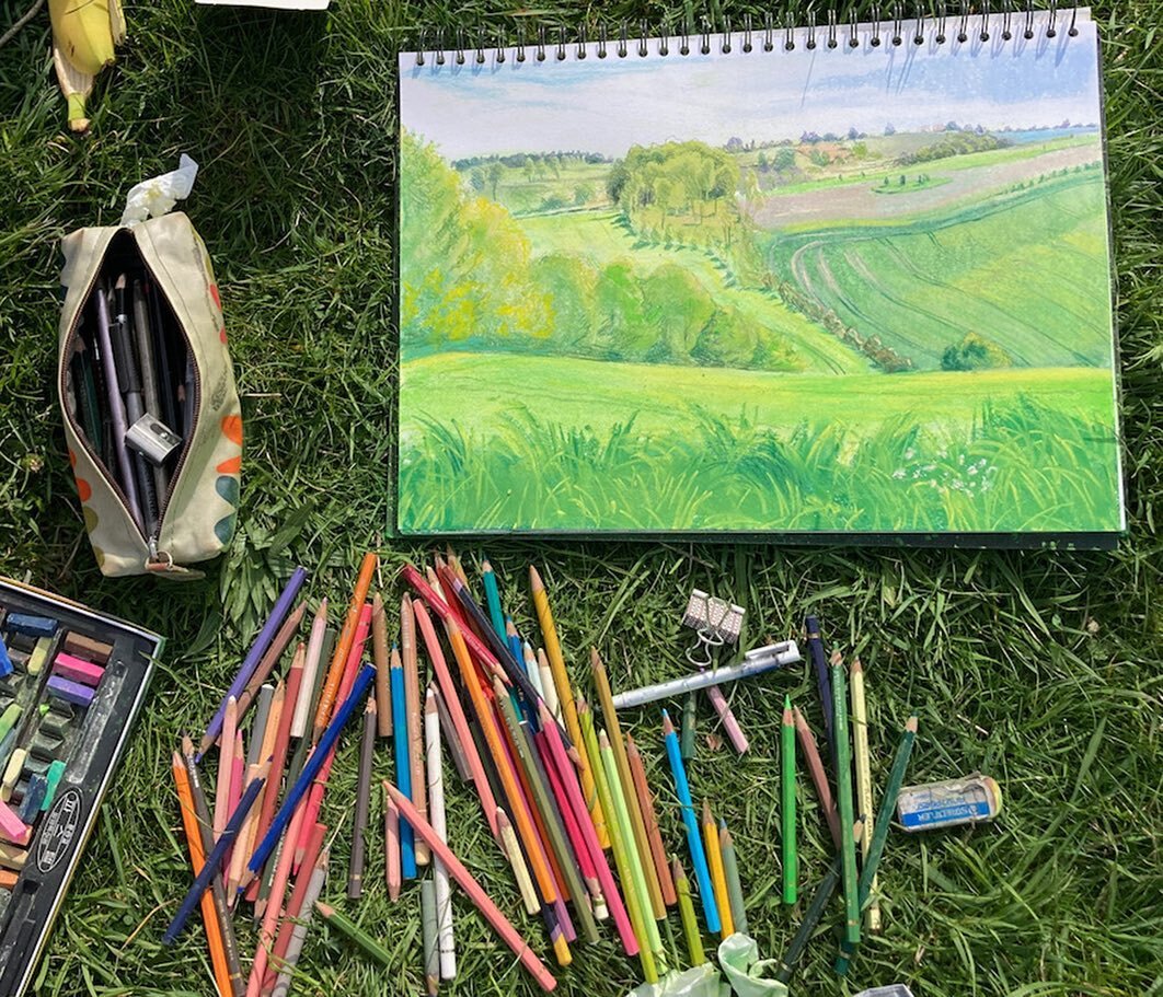 My second small painting being exhibited @poundarts as part of the 15th Annual Pound Arts Open, Dec 15th - Jan 13th, is the view from the top of Aldbourne Four Barrows. 

Using soft pastel and colour pencil I drew in the landscape on a warm May after