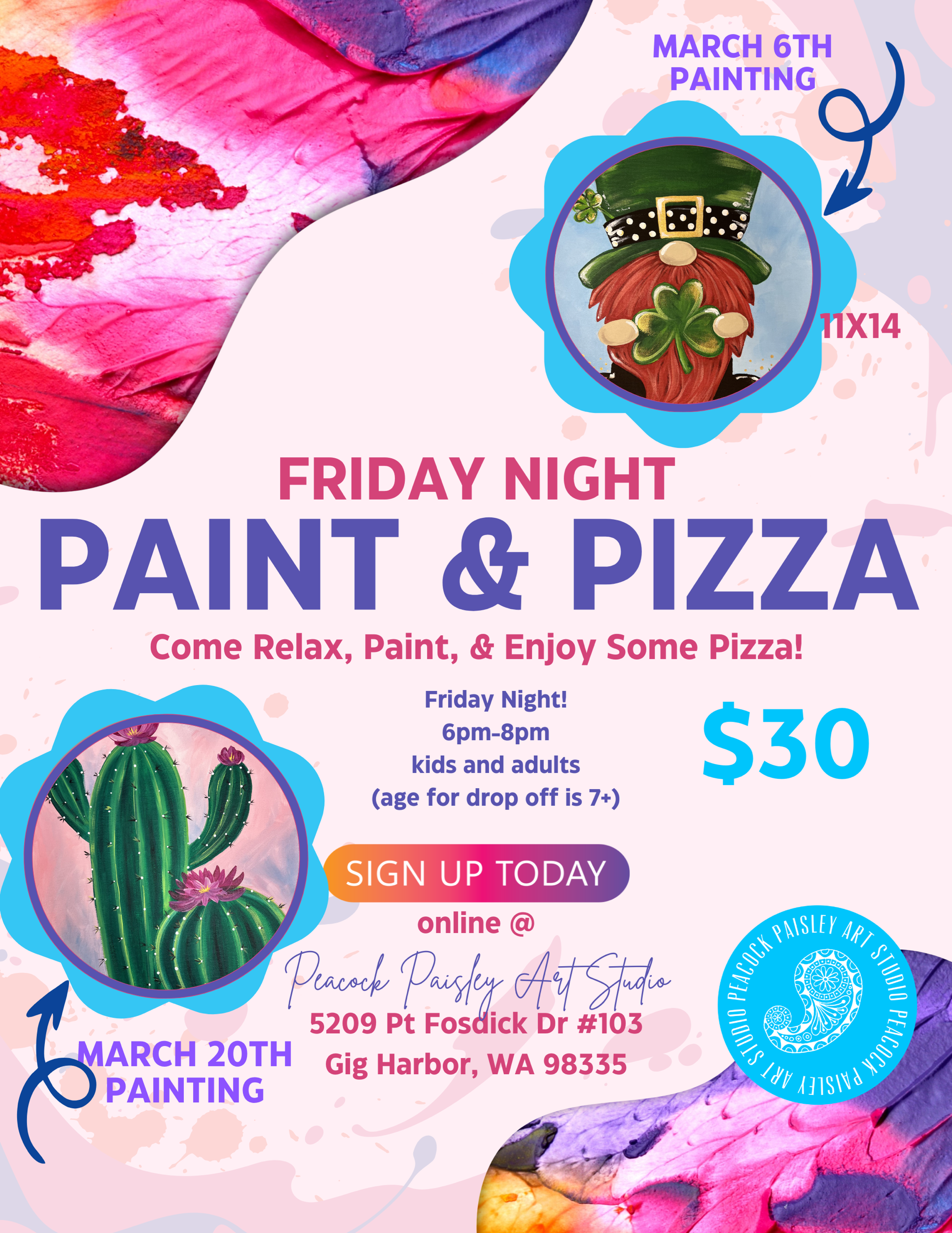 Friday Night Paint and Pizza, kids & adults, 6pm-8pm, $30