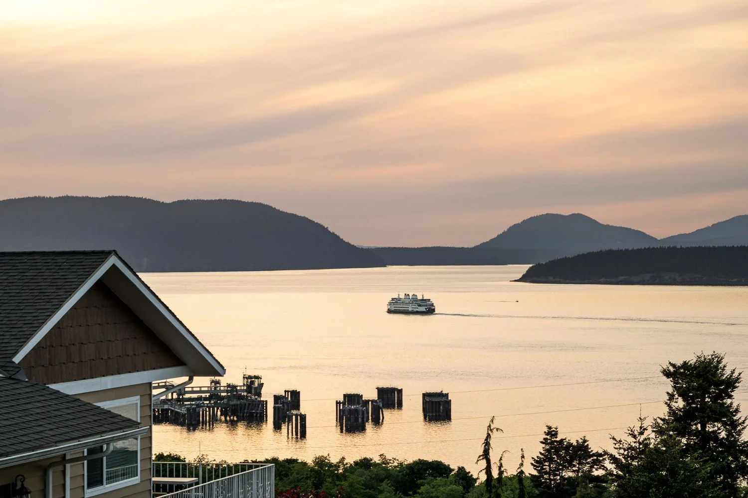 Sunset Twilight View of Ferry Amongst Islands
