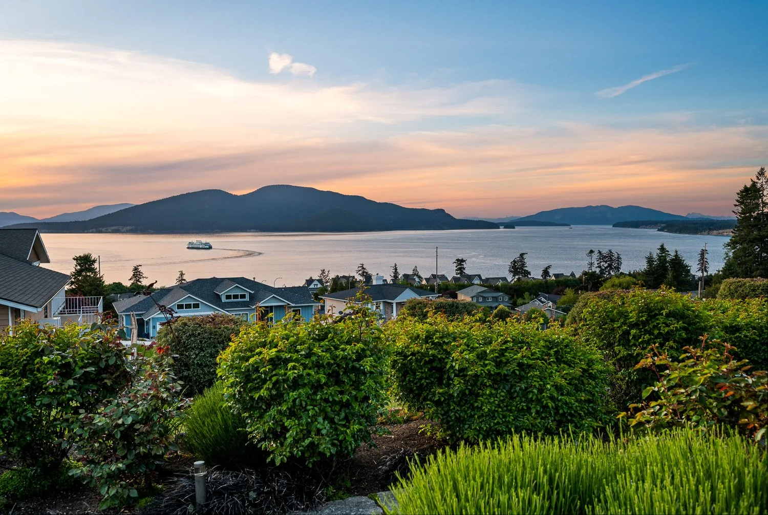 Sunset Backyard View of Islands and Ferry