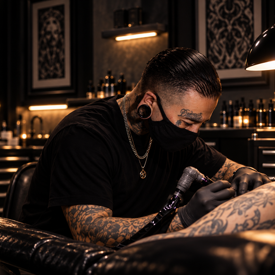 Tattoo artist working on a client's leg in a tattoo studio with black decor and warm lighting.