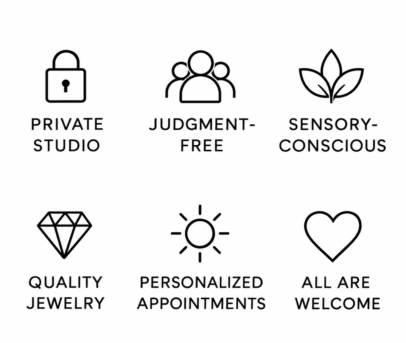Icons with text: padlock labeled 'Private Studio', group of people labeled 'Judgment-Free', leaves labeled 'Sensory-Conscious', diamond labeled 'Quality Jewelry', sun labeled 'Personalized Appointments', heart labeled 'All Are Welcome'.