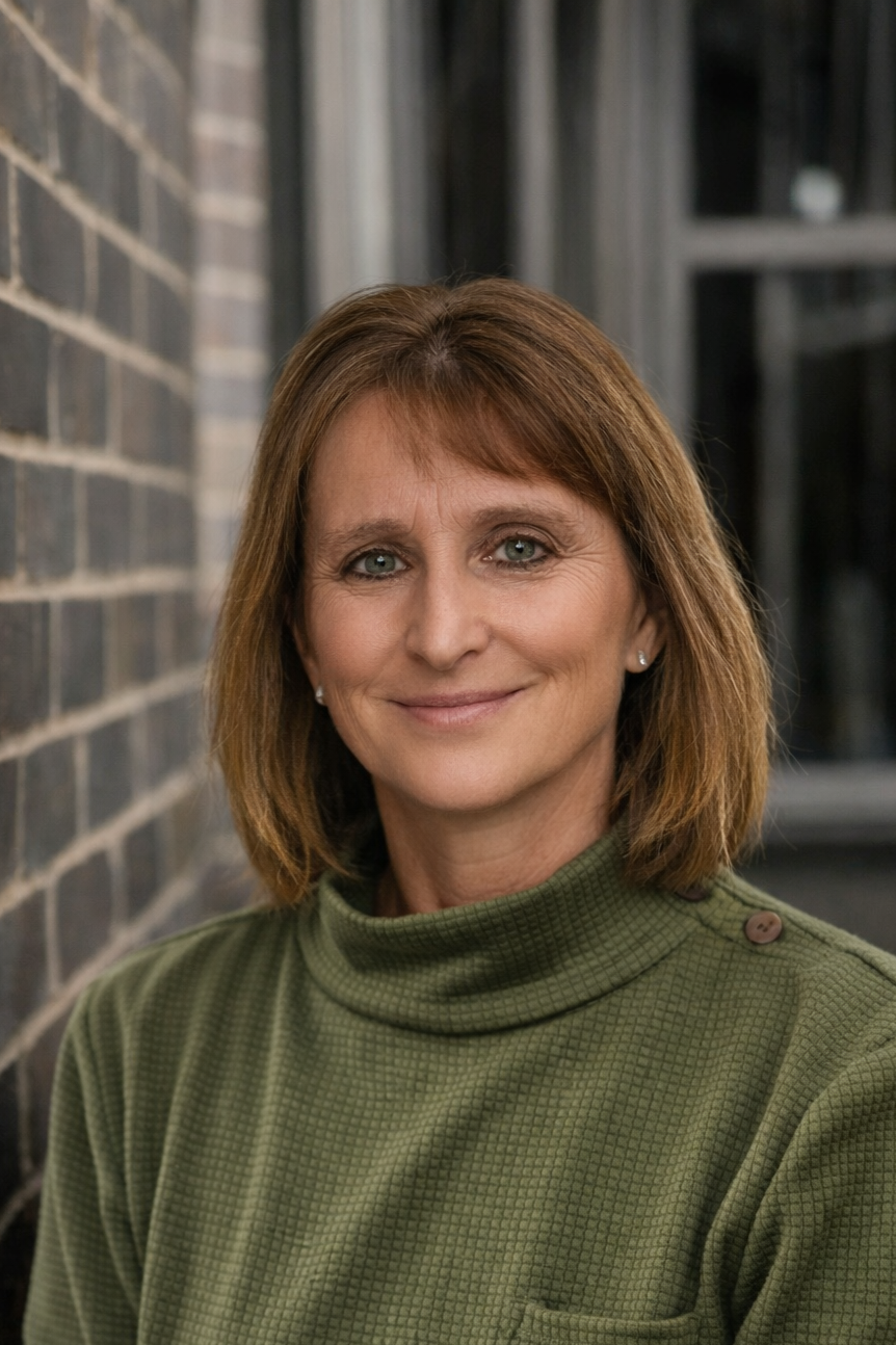 A woman with shoulder-length brown hair and blue eyes, wearing a green turtleneck sweater, sitting outdoors on a patio with a park and cloudy sky in the background.