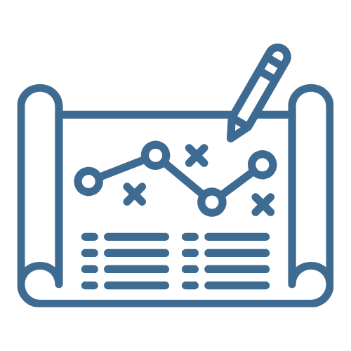 Outline of a blueprint or plan with a pen, depicting a strategic chart or diagram with data points and lines.