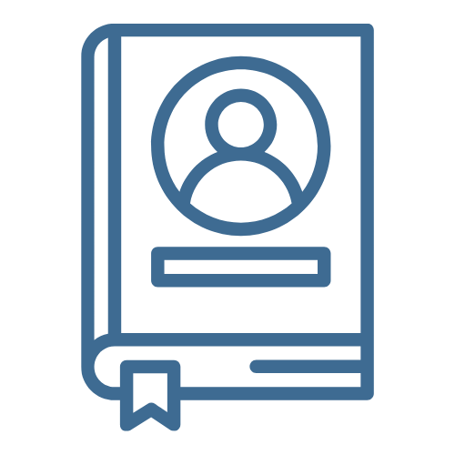 Outline of a book or notebook with a person's profile photo and a blank label, featuring a bookmark.