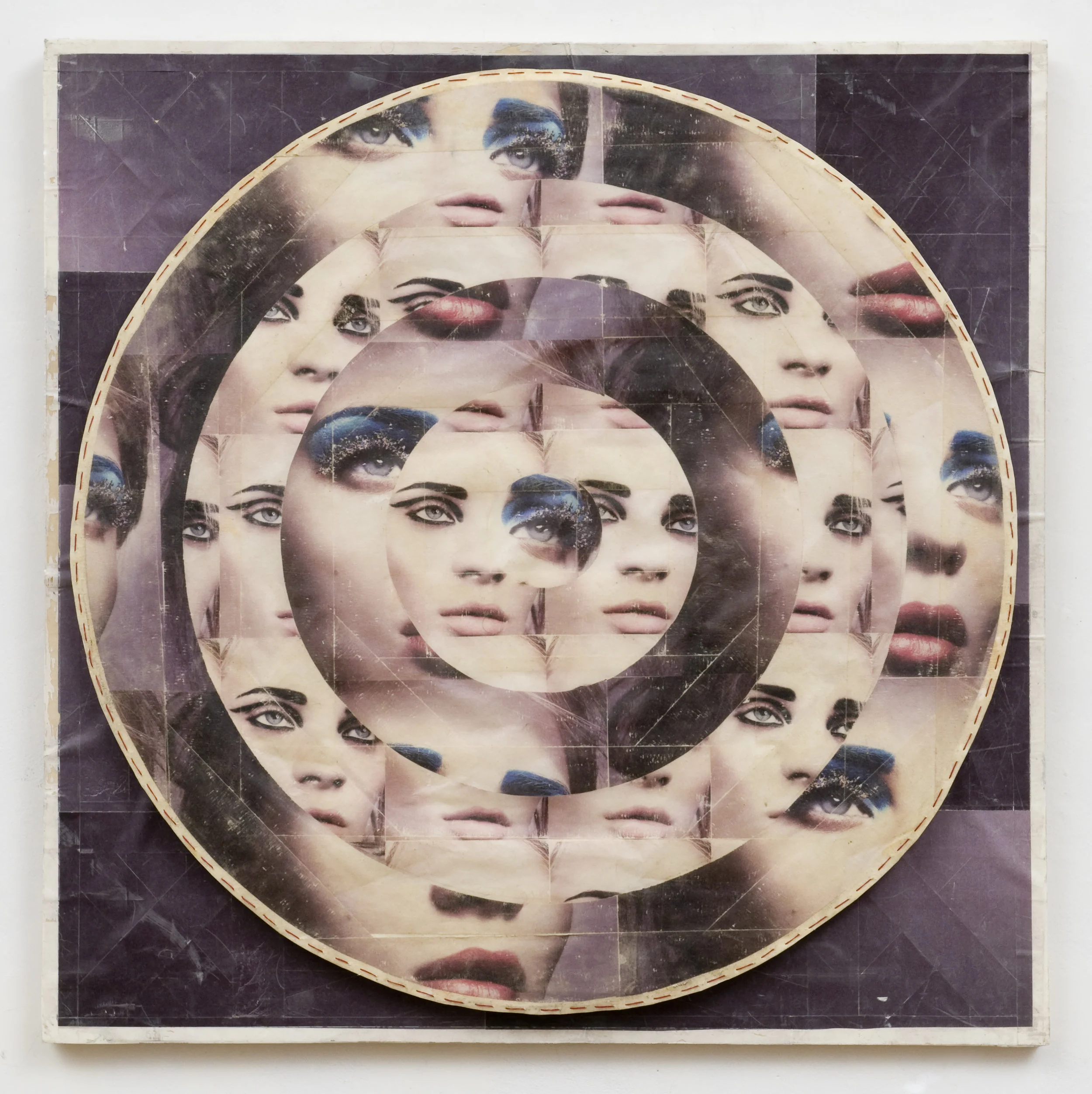 Target1 , 2007-2008 Magazine transferred onto tape stitched to paper, plexiglass, wood. 19.5 x 19.5 inches