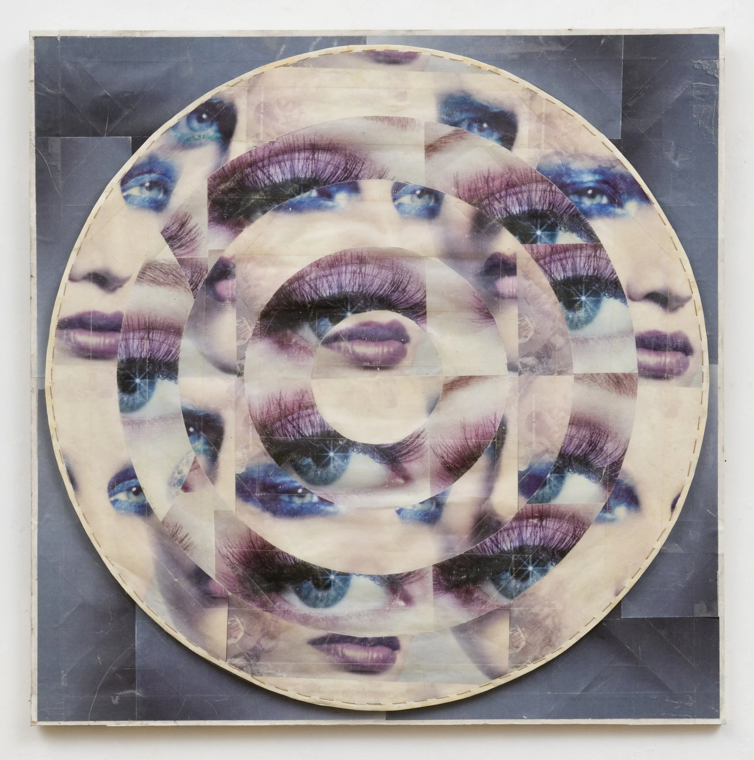 Target2 , 2007-2008 Magazine transferred onto tape stitched to paper, plexiglass, wood. 21.5 x 21.5 inches