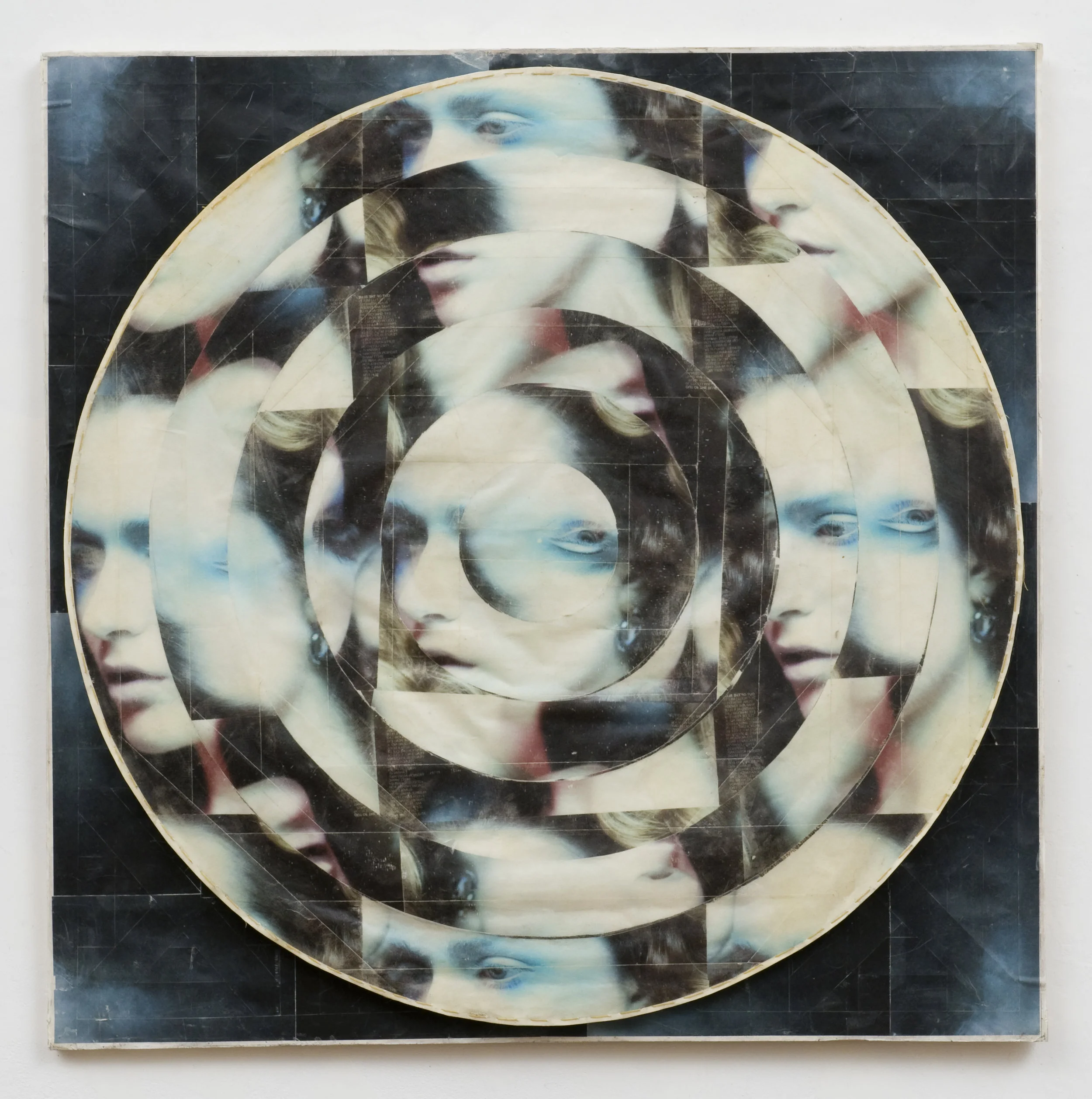 Target4 , 2007-2008 Magazine transferred onto tape stitched to paper, plexiglass, wood. 25.25 x 25.25 inches