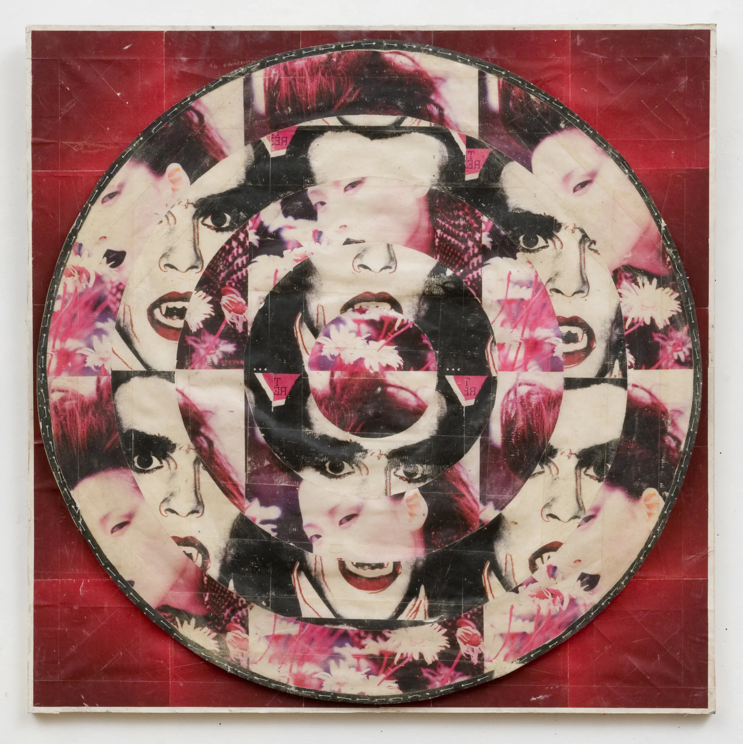 Target3 , 2007-2008 Magazine transferred onto tape stitched to paper, plexiglass, wood. 21.5 x 21.5 inches