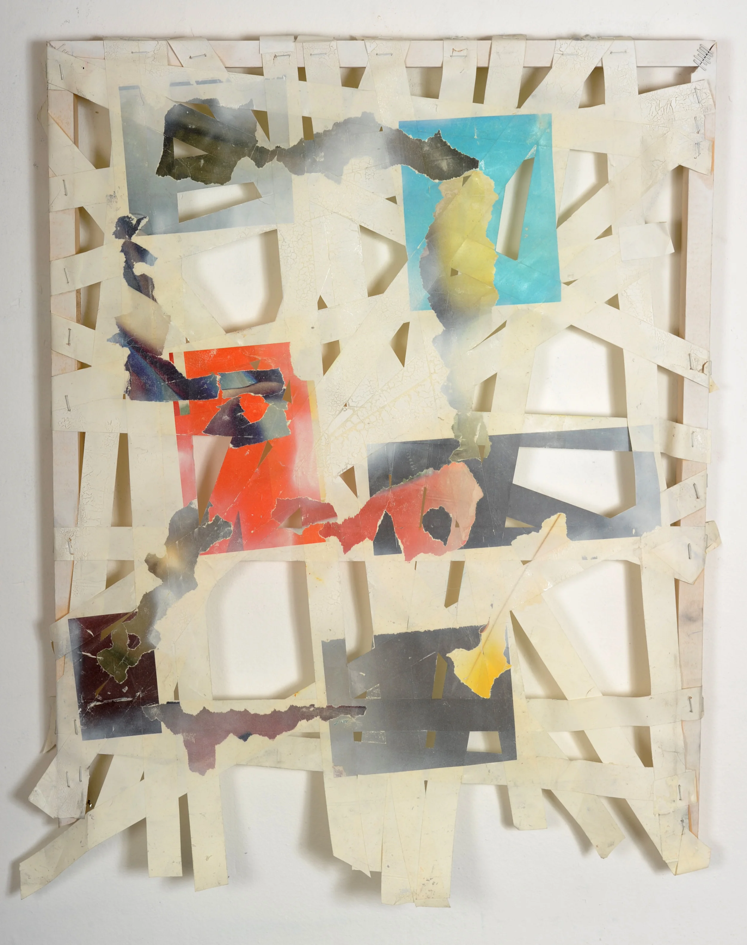 Before Tape , 2009 Magazine transferred to tape, wood, staples, spray paint 26 x 14 inches