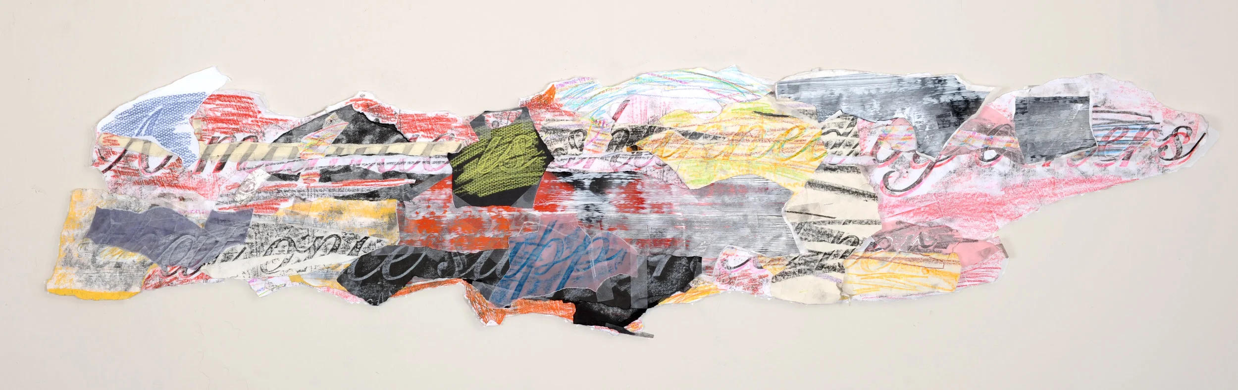 Synopsis #15 version 2 , 2009-11 Graphite, crayon, spray paint, photographs, paper, tape 12 x 58 inches