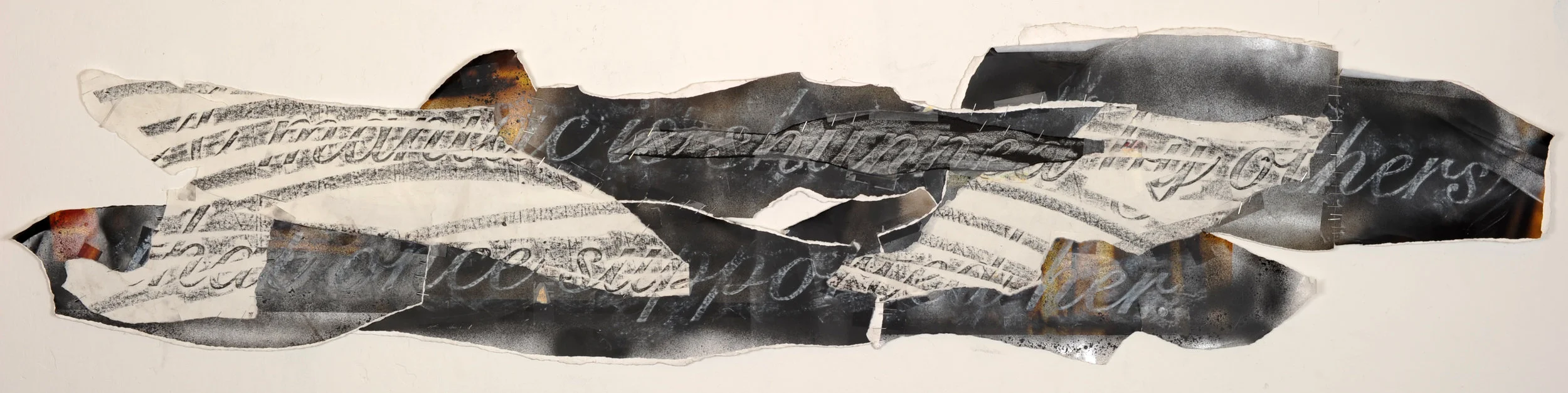 Synopsis #15 , 2009-11 Graphite, crayon, spray paint, photographs, paper, tape 12 x 58 inches